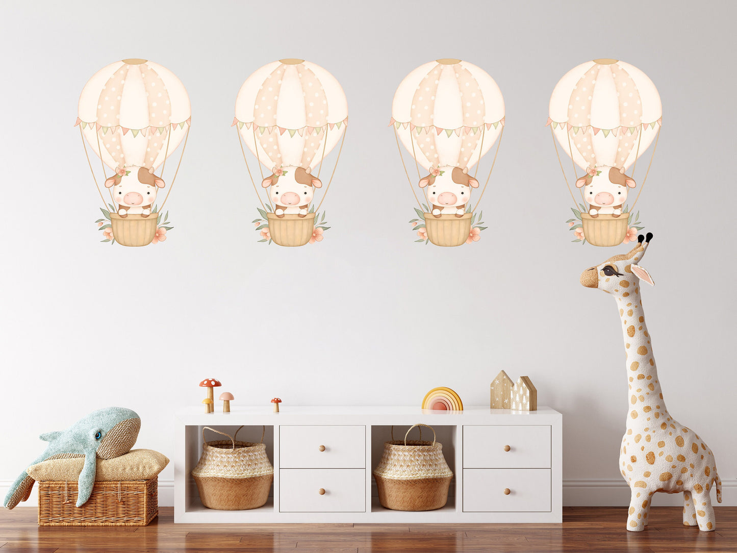 Hot Air Balloon Wall Sticker Kids Bedroom Girls Decor Nursery Wallpaper Idea Children Baby Cow Cute Animal Toddler Floating Design Print