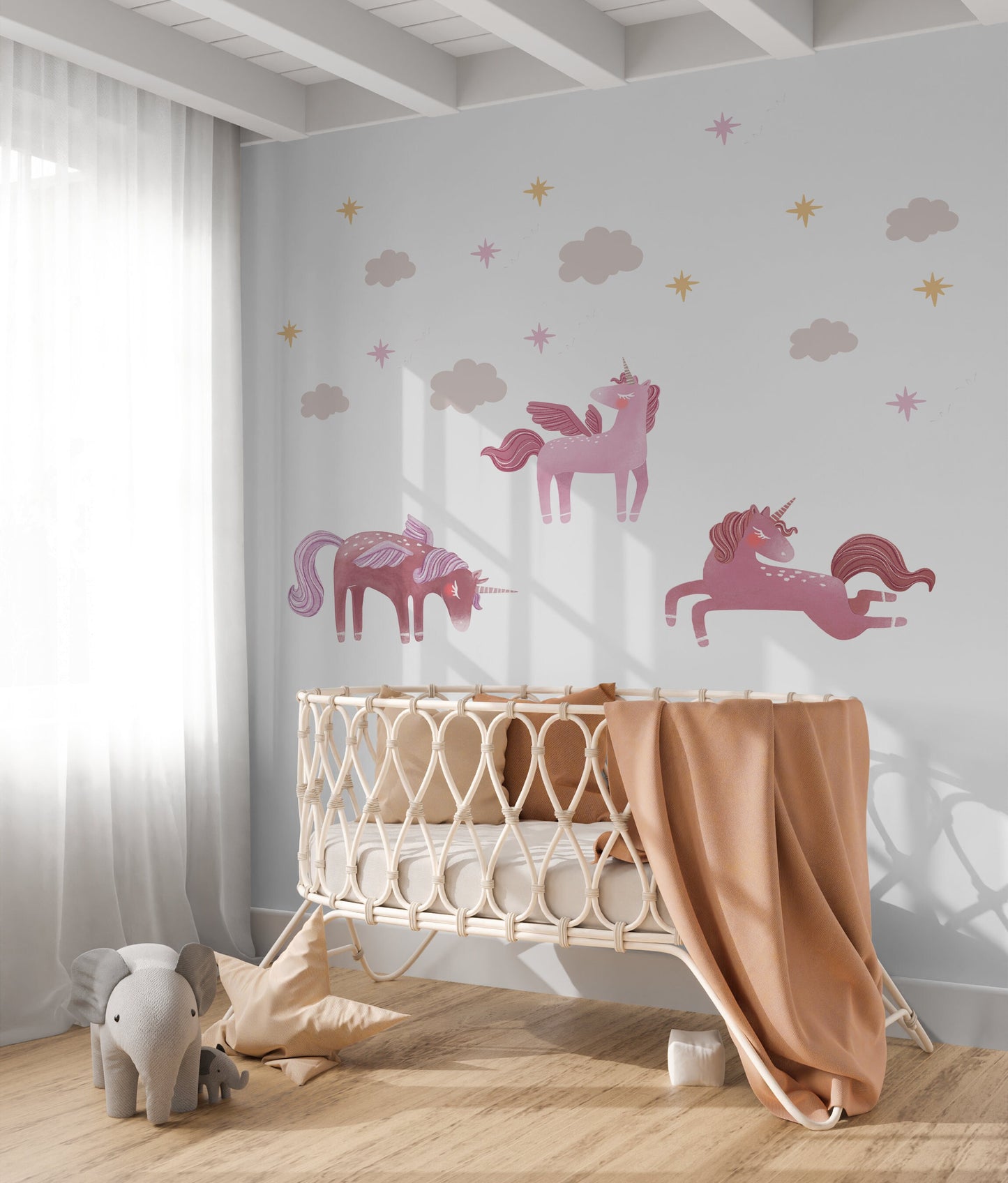 Pink Pegasus Wall Decal Girl Bedroom Wall Sticker Girl Newborn Gift PCloud Stars Wall Sticker