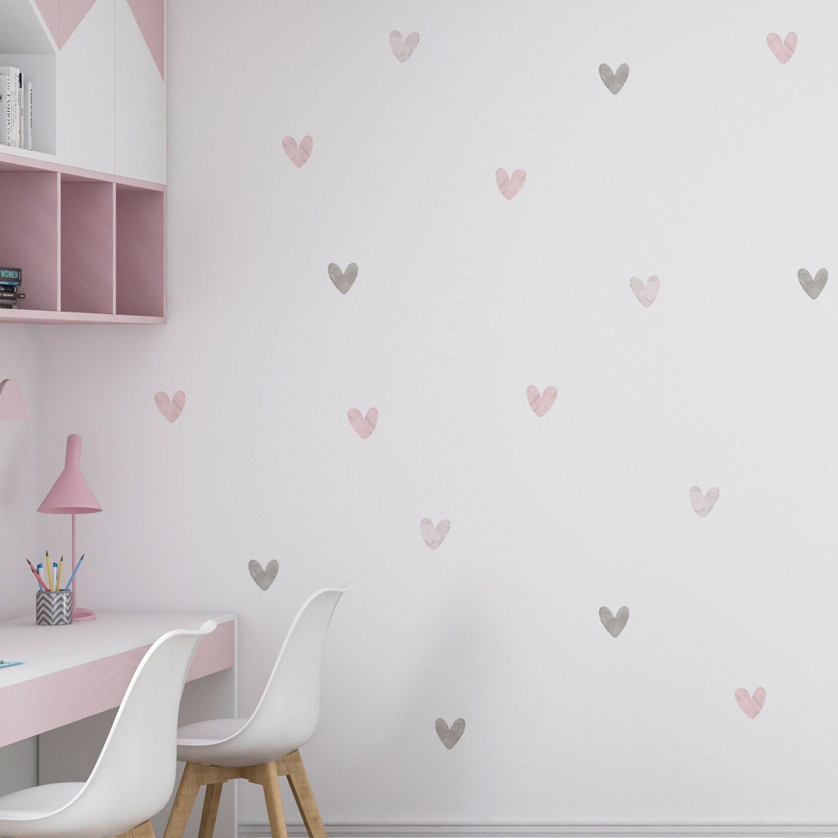 Pink Grey Watercolour Heart Decals Nursery Wall Sticker Girl Wall Sticker kid Room Nursery Wall Decal Girl