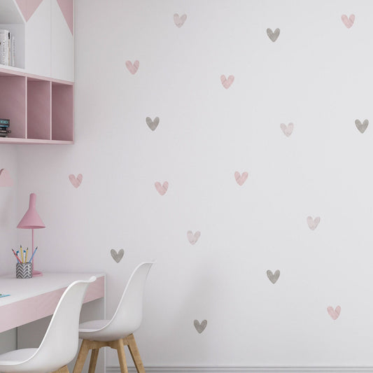 Pink Grey Watercolour Heart Decals Nursery Wall Sticker Girl Wall Sticker kid Room Nursery Wall Decal Girl