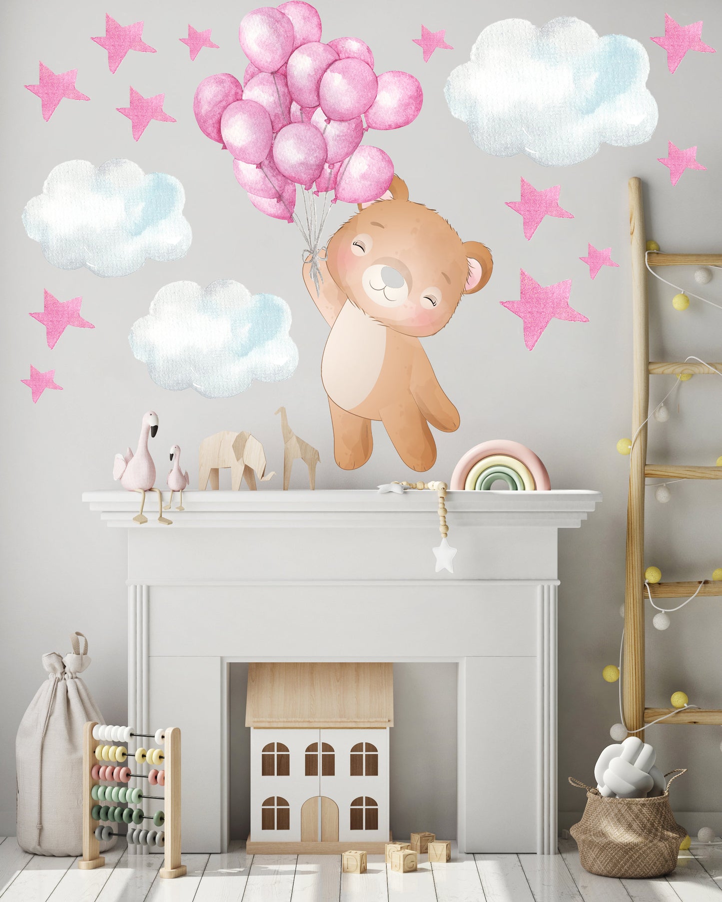 Beautiful Teddy with Floating Balloons and Clouds Nursery Wall Stickers