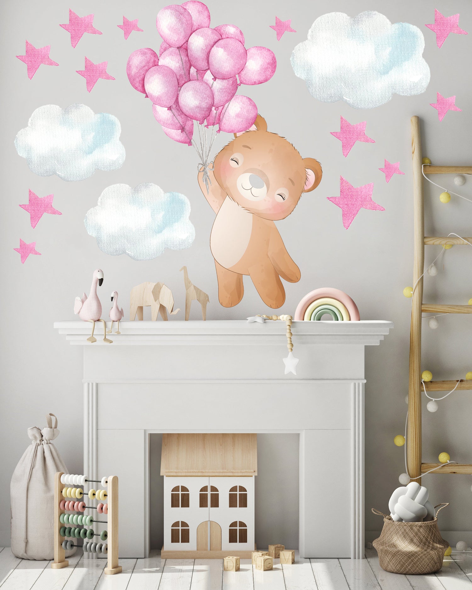 Beautiful Teddy with Floating Balloons and Clouds Nursery Wall Stickers