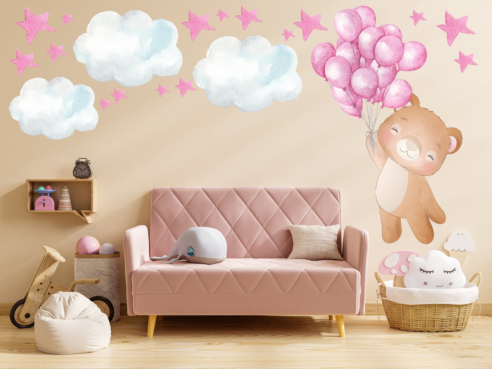 Beautiful Teddy with Floating Balloons and Clouds Nursery Wall Stickers