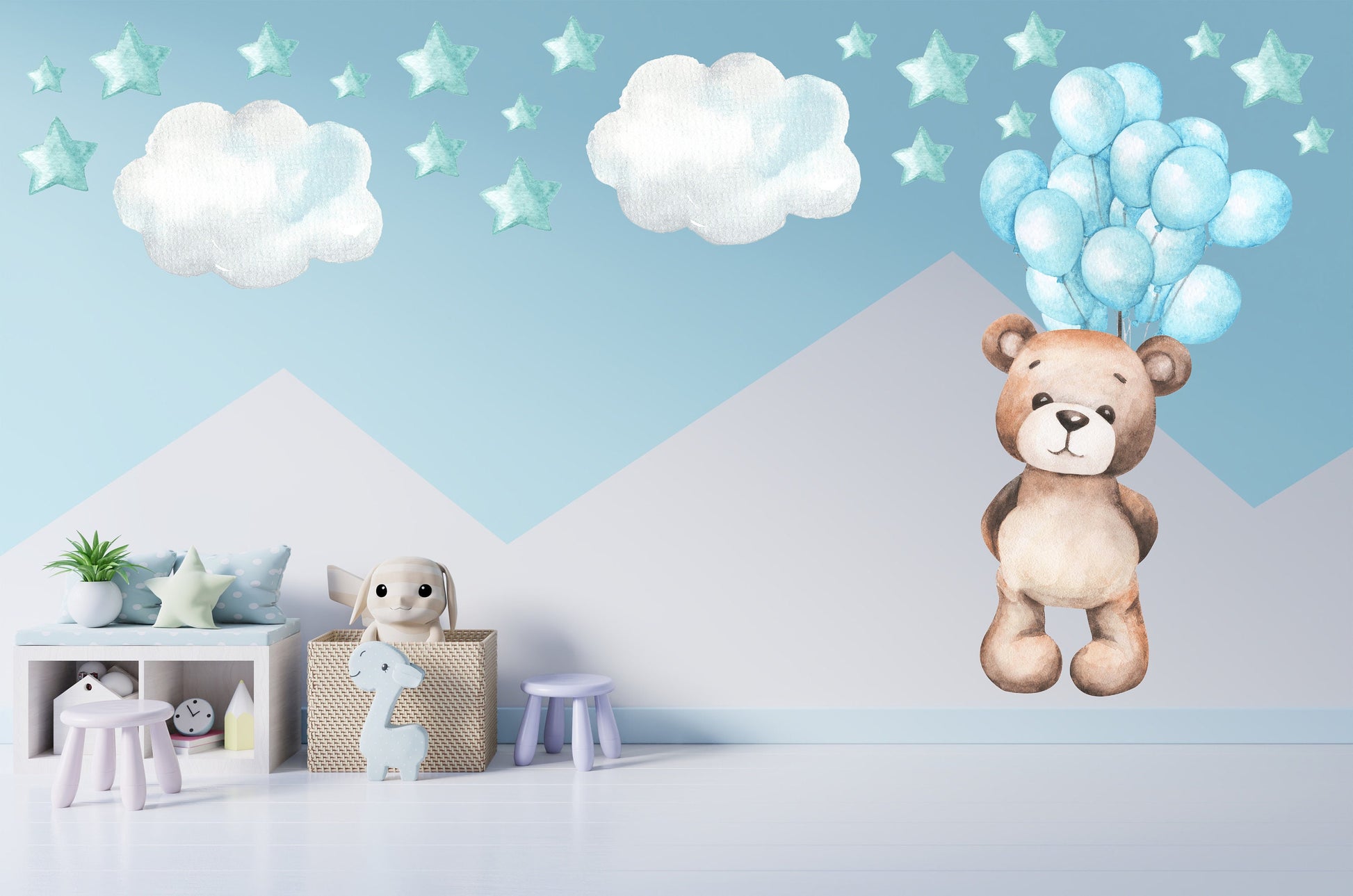 Teddy Bear Floating with Pink Balloons, Clouds and Stars, Reusable Nursery Wall Sticker Set