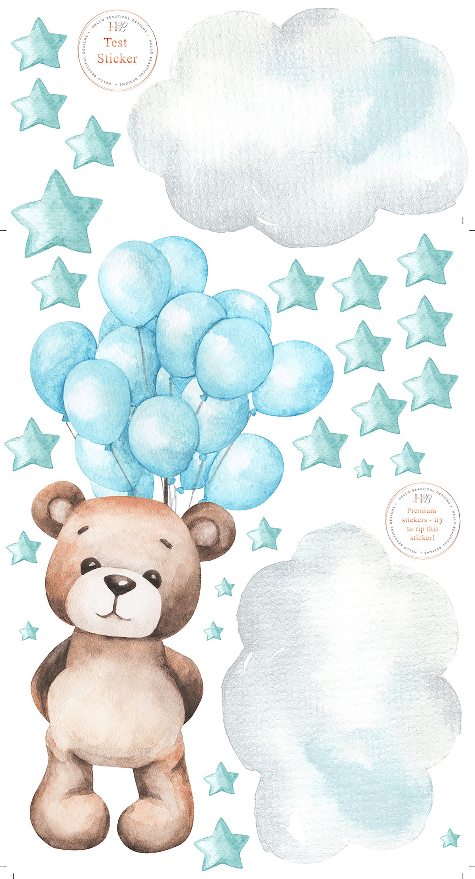 Teddy Bear Floating with Pink Balloons, Clouds and Stars, Reusable Nursery Wall Sticker Set