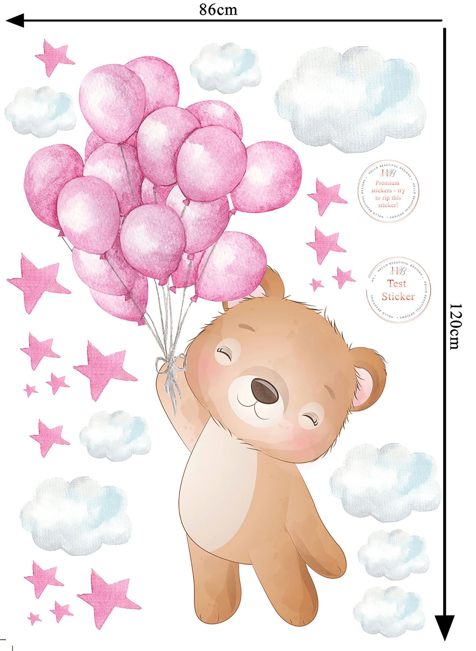 Beautiful Teddy with Floating Balloons and Clouds Nursery Wall Stickers