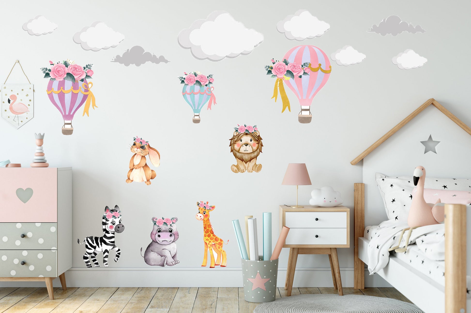 Safari Animal Wall Sticker Boho Nursery Decor Hot Air Animal Nursery Wall Sticker