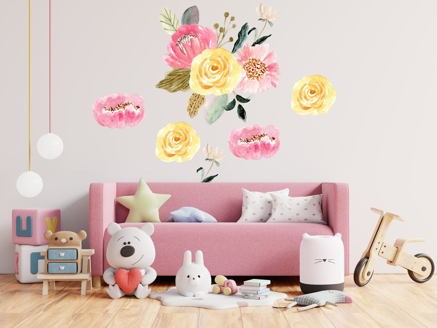 Large Pink and Yellow Floral Design Home and Nursery Wall Stickers