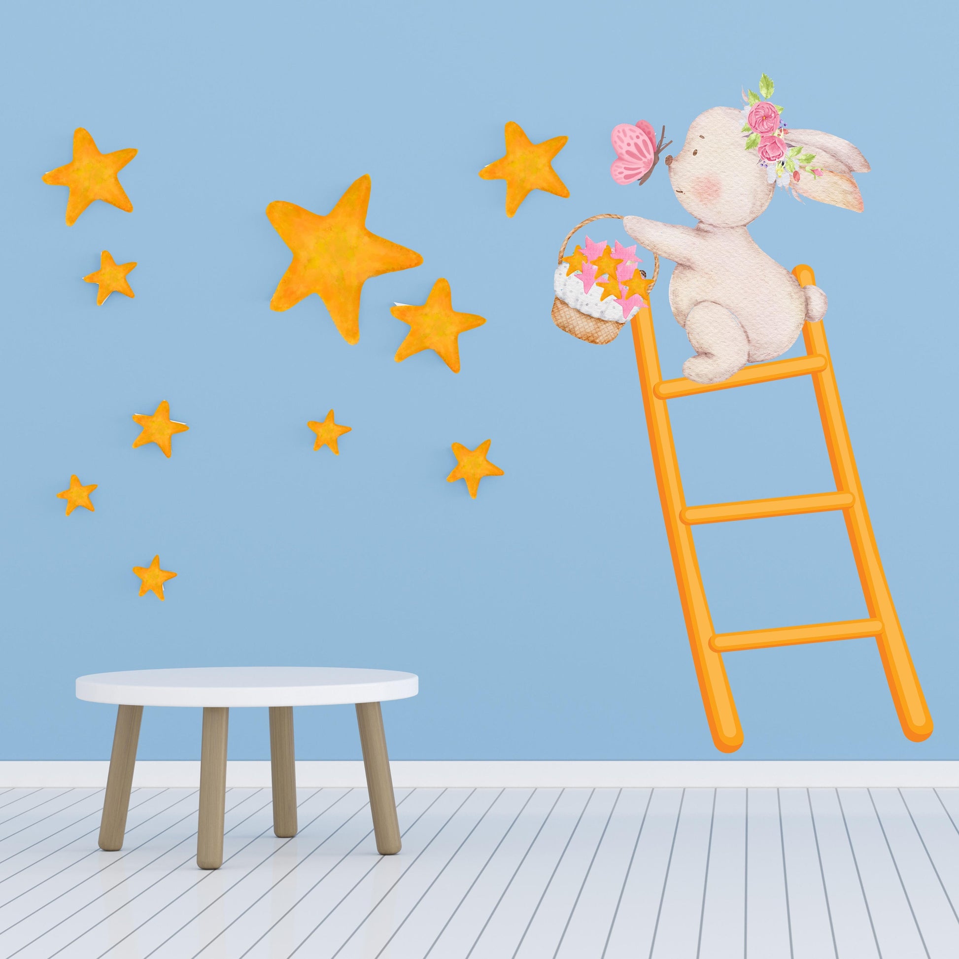 Bunny on Ladder Collecting Stars Wall Stickers, Nursery Wall Stickers, Stars Wall Decals, Bunny Wall Stickers, Kid's Pink Wall Decor, Clouds