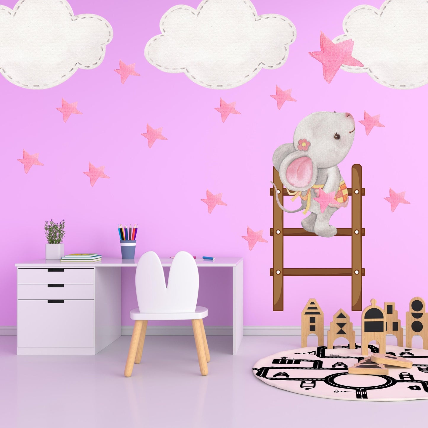 Cute Mouse Climbing Ladder with Pink Stars and Clouds, Reusable Nursery Wall Stickers