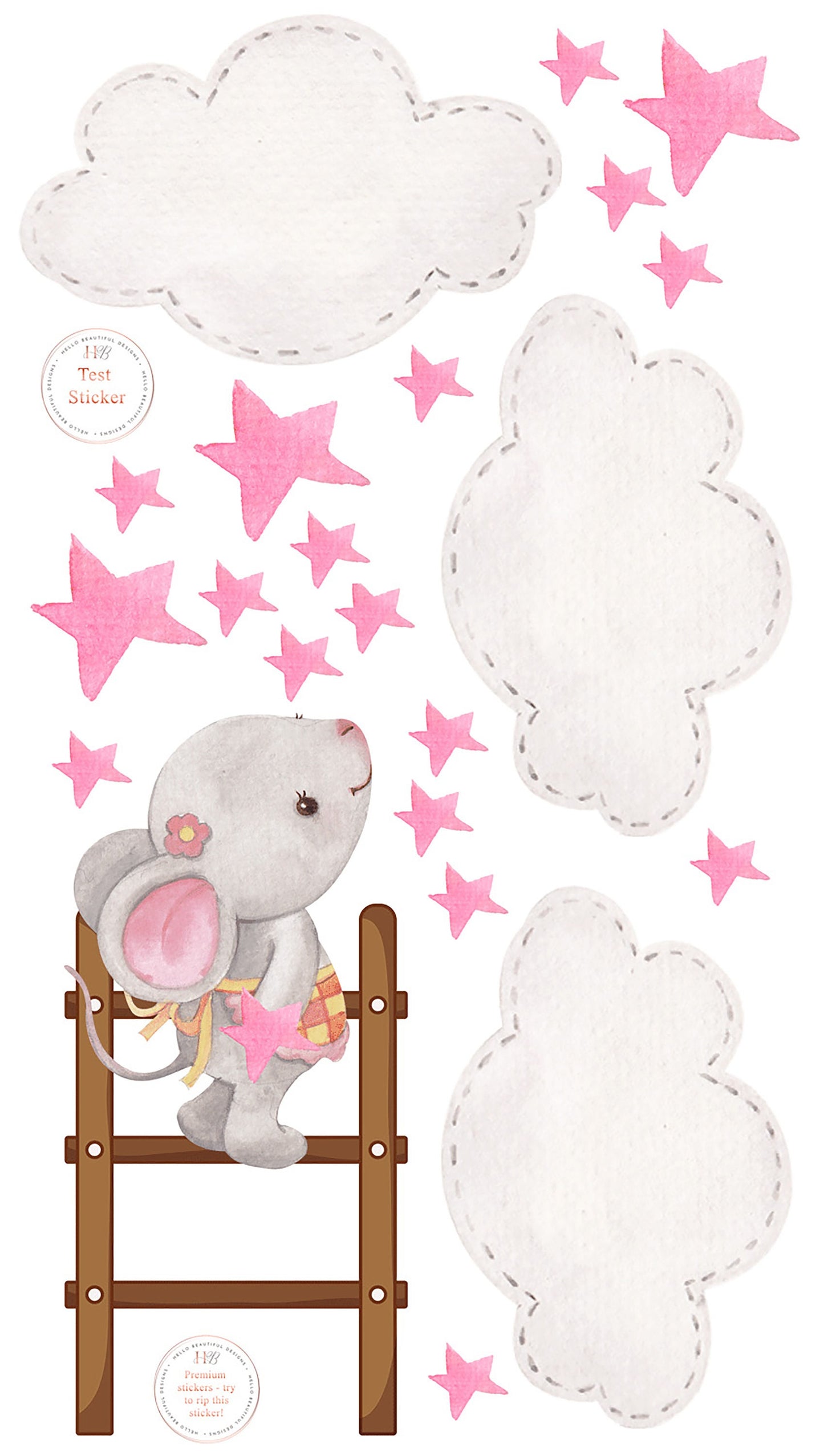 Cute Mouse Climbing Ladder with Pink Stars and Clouds, Reusable Nursery Wall Stickers