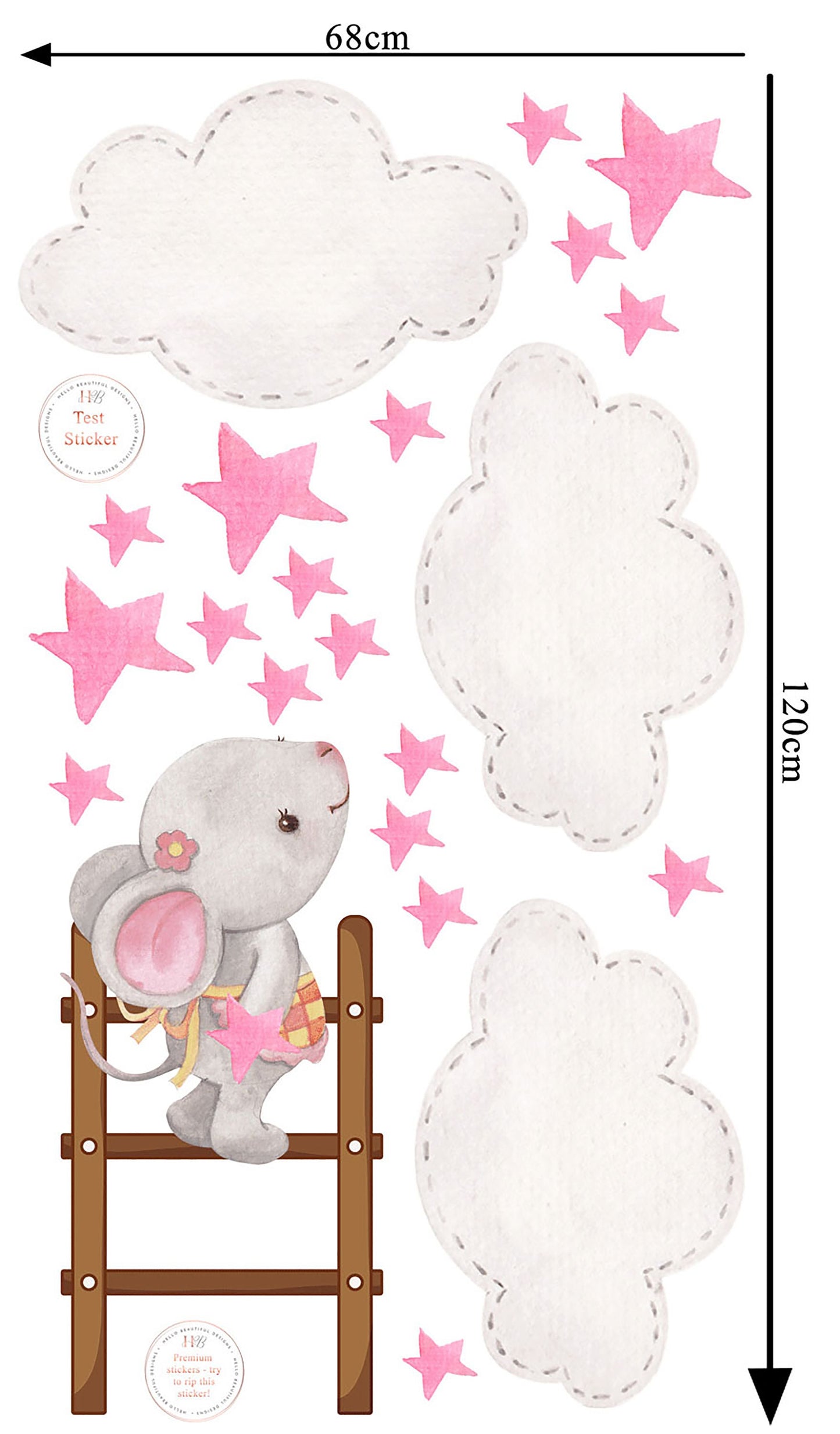 Cute Mouse Climbing Ladder with Pink Stars and Clouds, Reusable Nursery Wall Stickers