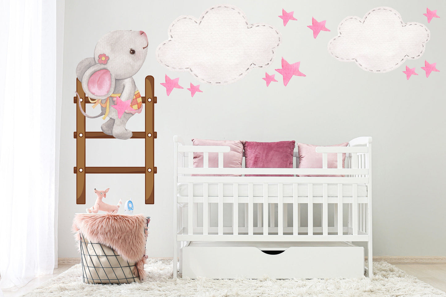 Cute Mouse Climbing Ladder with Pink Stars and Clouds, Reusable Nursery Wall Stickers