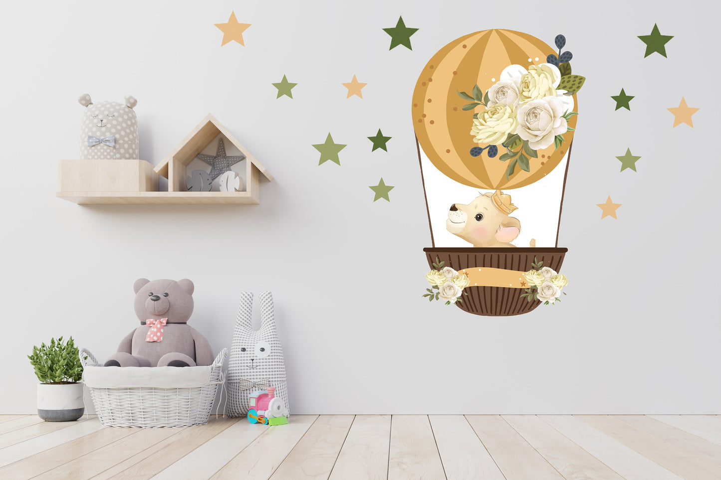 Cute Lion Cub in Hot Air Balloon With Flower and Individual Stars, Reusable Nursery Wall Stickers