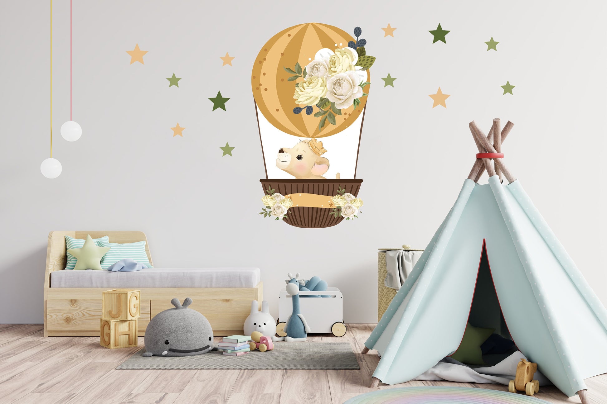 Cute Lion Cub in Hot Air Balloon With Flower and Individual Stars, Reusable Nursery Wall Stickers