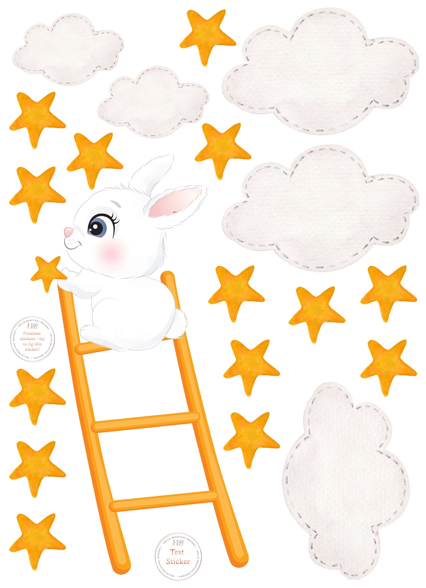 Extra Large Bunny on Ladder and Stars, Kid's Bedroom Reusable Nursery Wall Stickers