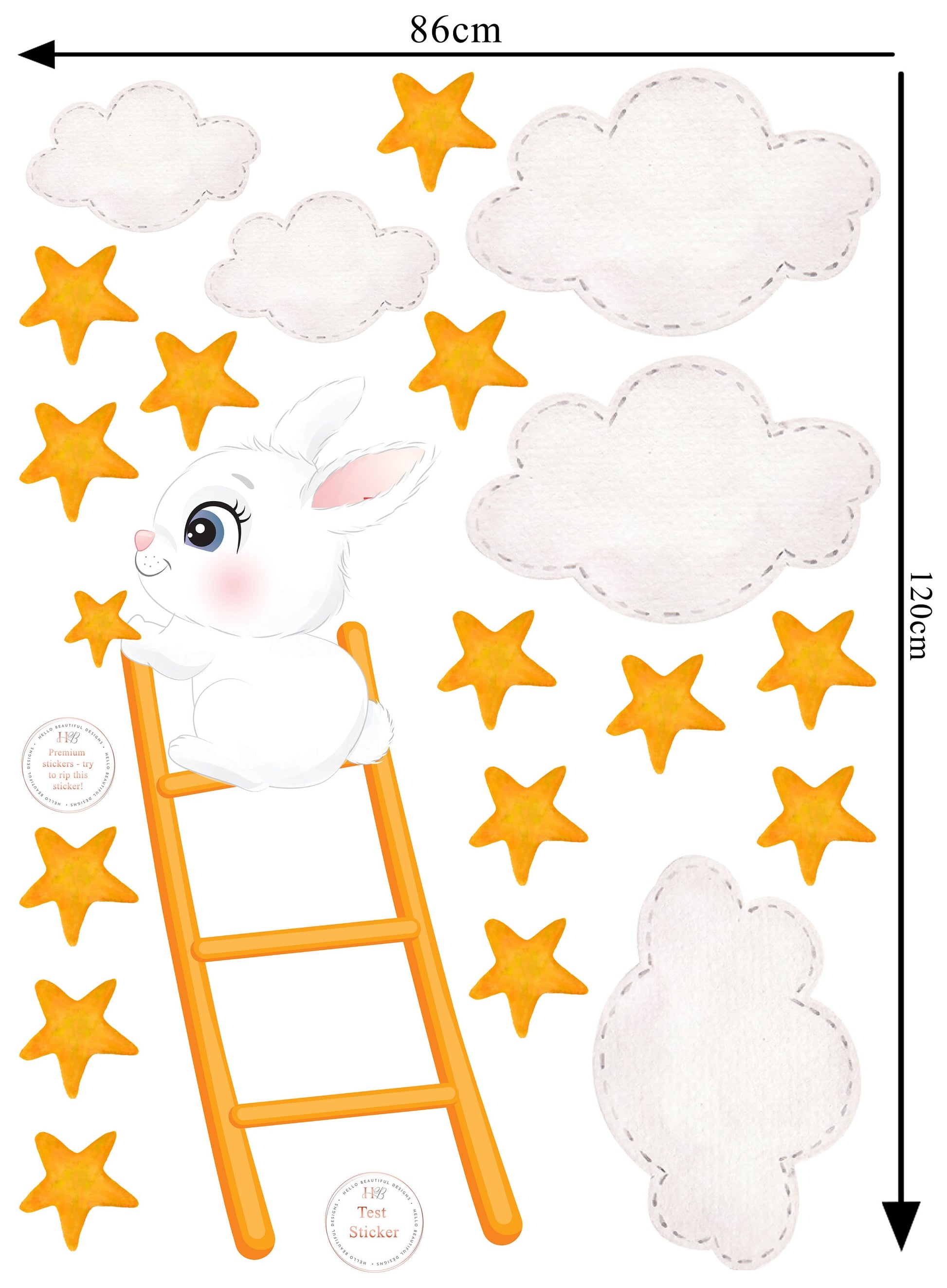 Extra Large Bunny on Ladder and Stars, Kid's Bedroom Reusable Nursery Wall Stickers