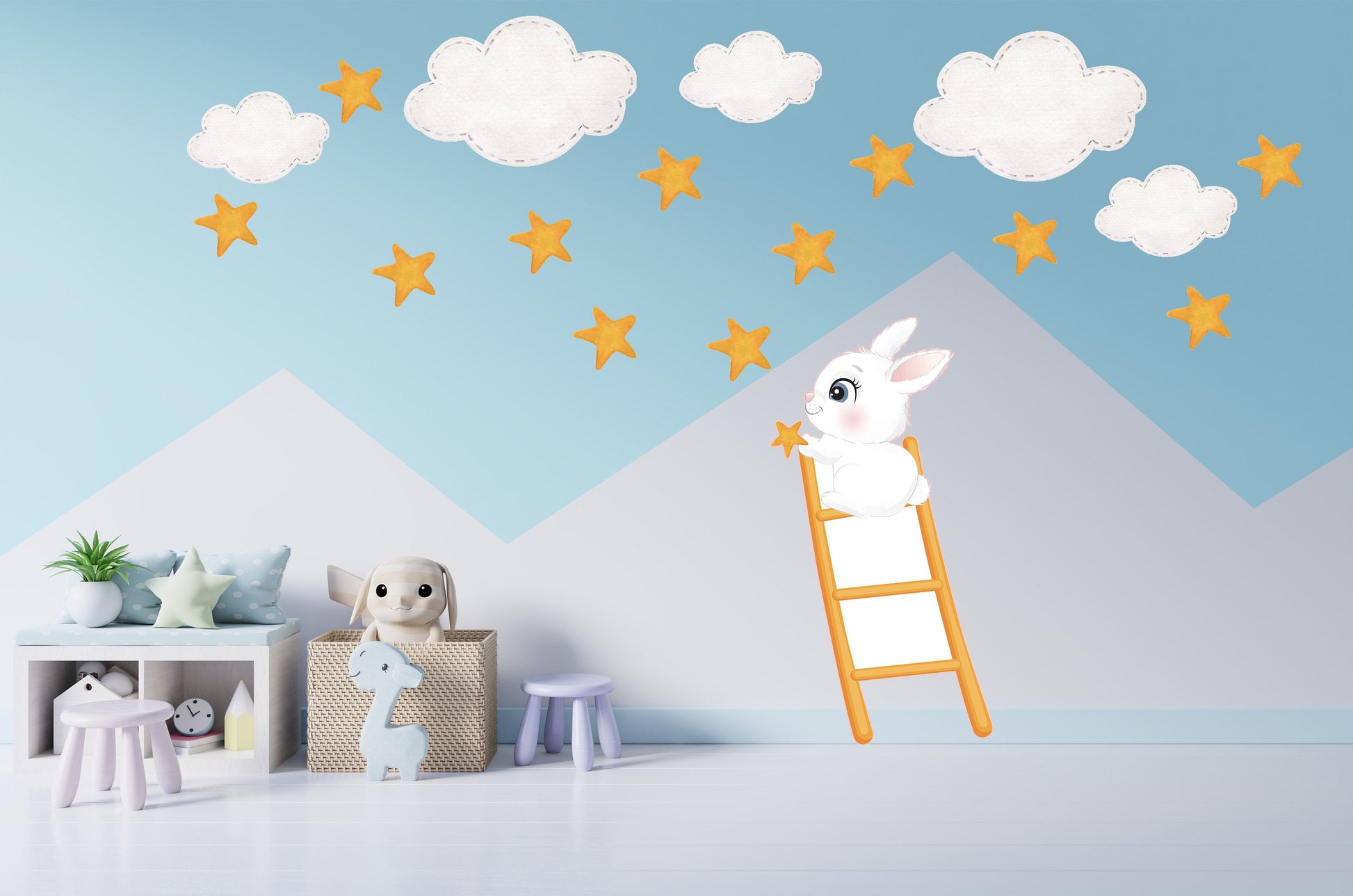 Extra Large Bunny on Ladder and Stars, Kid's Bedroom Reusable Nursery Wall Stickers