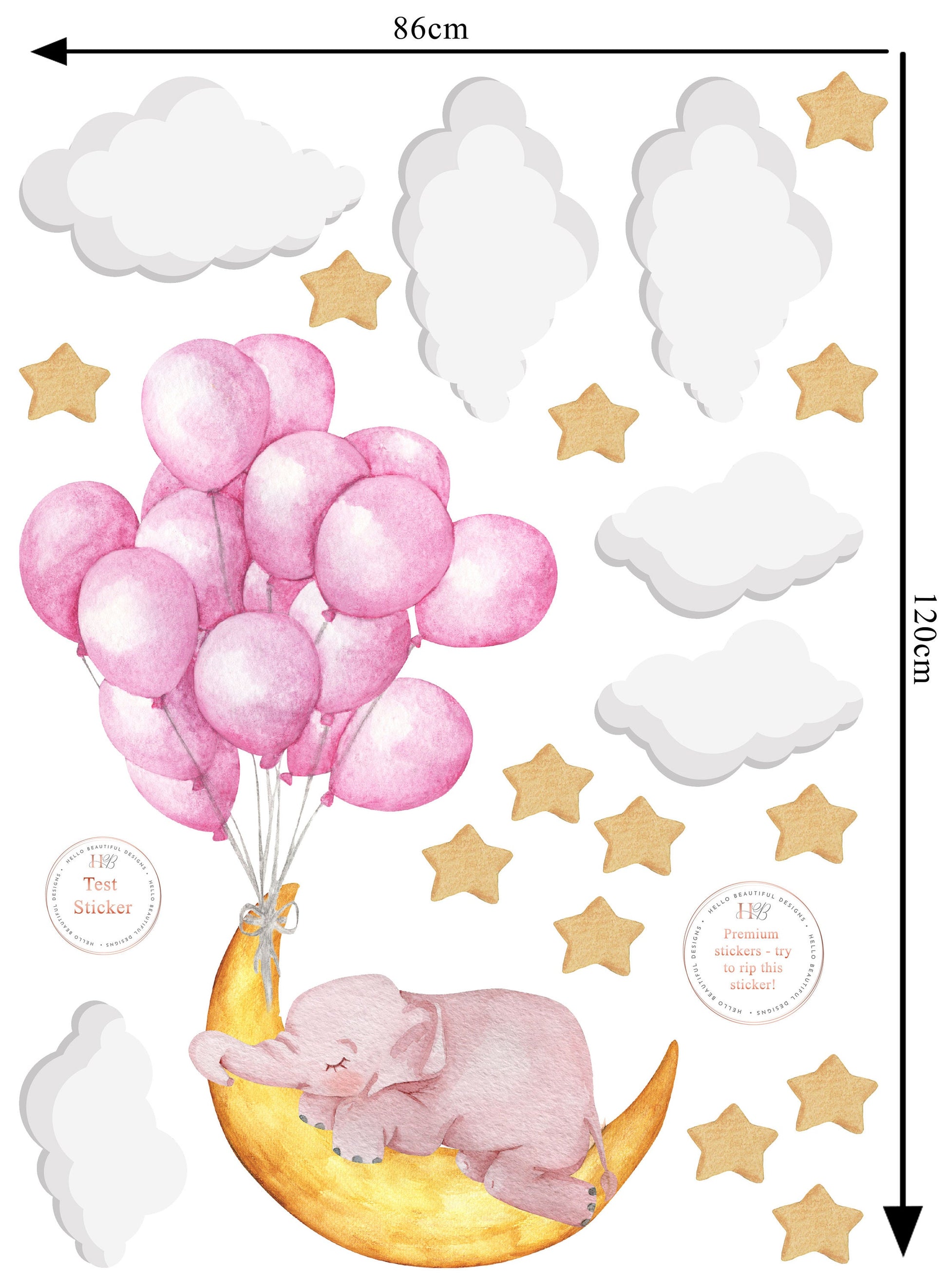 Pink Balloon Wall Sticker Sleeping Elephant Wall Decal Moon Wall Sticker Cute Sleeping Elephant Wall Sticker Pink Balloon Nursery Wall Decal