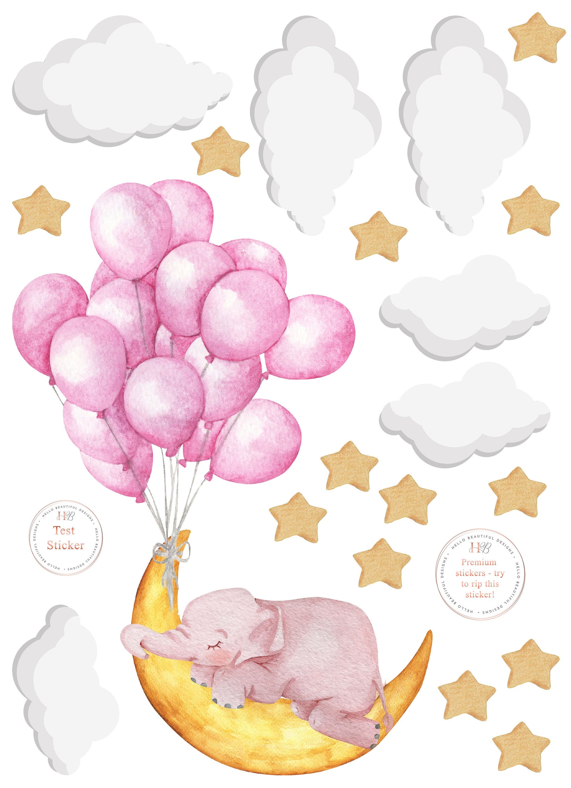 Pink Balloon Wall Sticker Sleeping Elephant Wall Decal Moon Wall Sticker Cute Sleeping Elephant Wall Sticker Pink Balloon Nursery Wall Decal