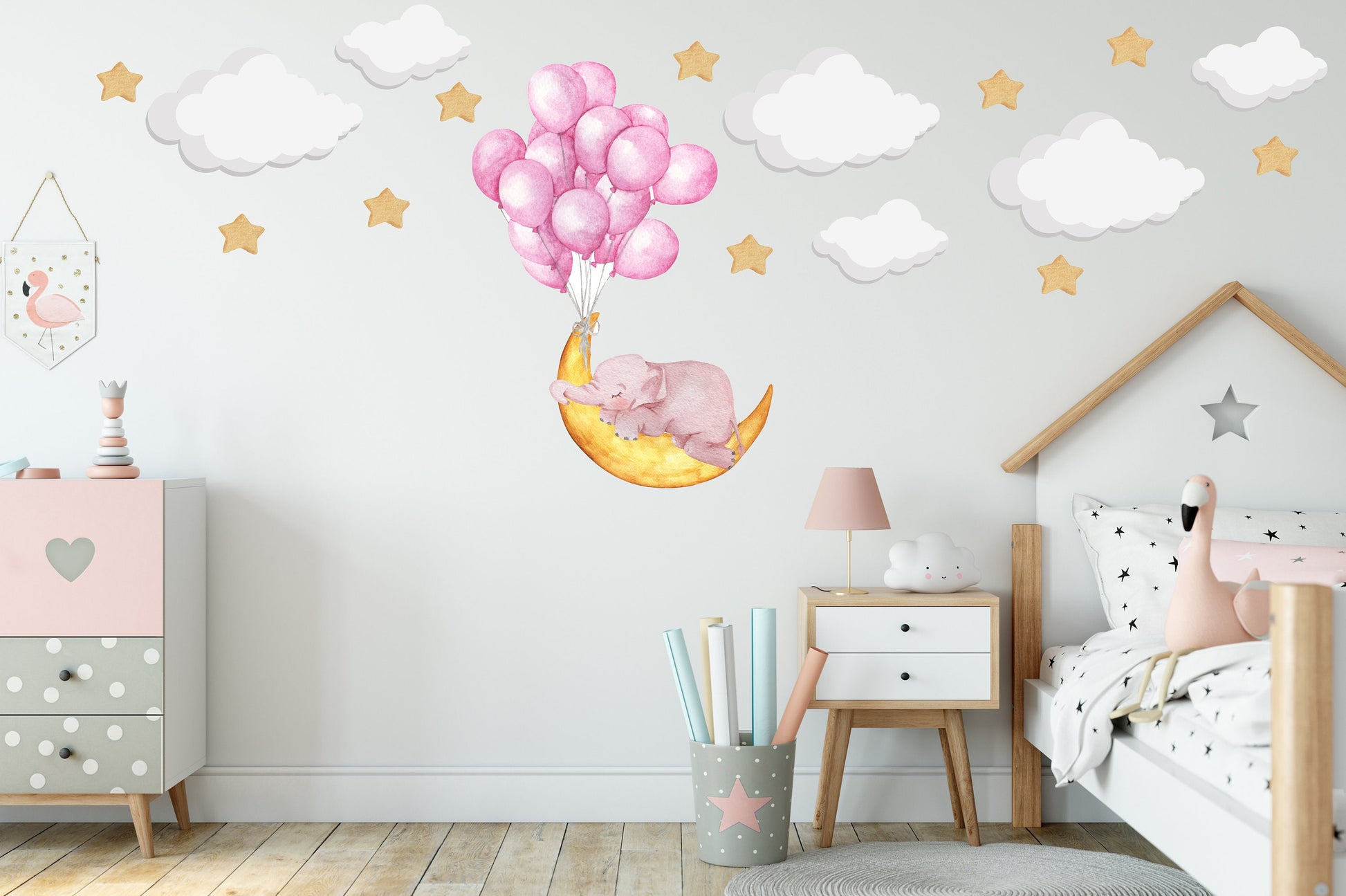 Pink Balloon Wall Sticker Sleeping Cute Sleeping Elephant Wall Nursery Wall Decal