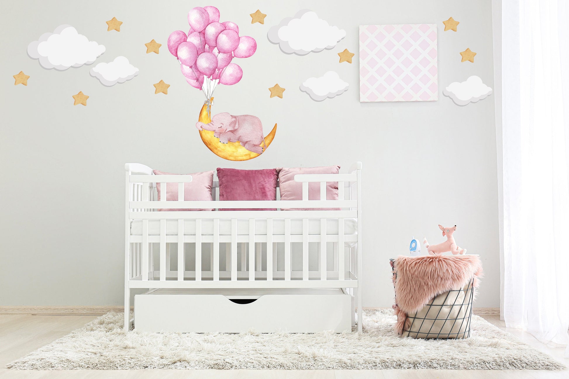 Pink Balloon Wall Sticker Sleeping Elephant Wall Decal Moon Wall Sticker