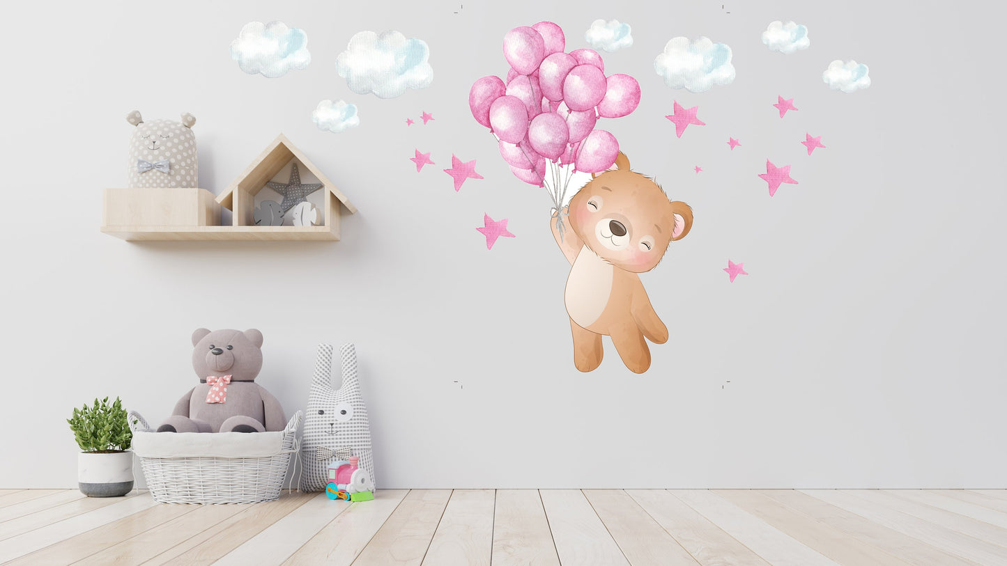 Beautiful Teddy with Floating Balloons and Clouds Nursery Wall Stickers