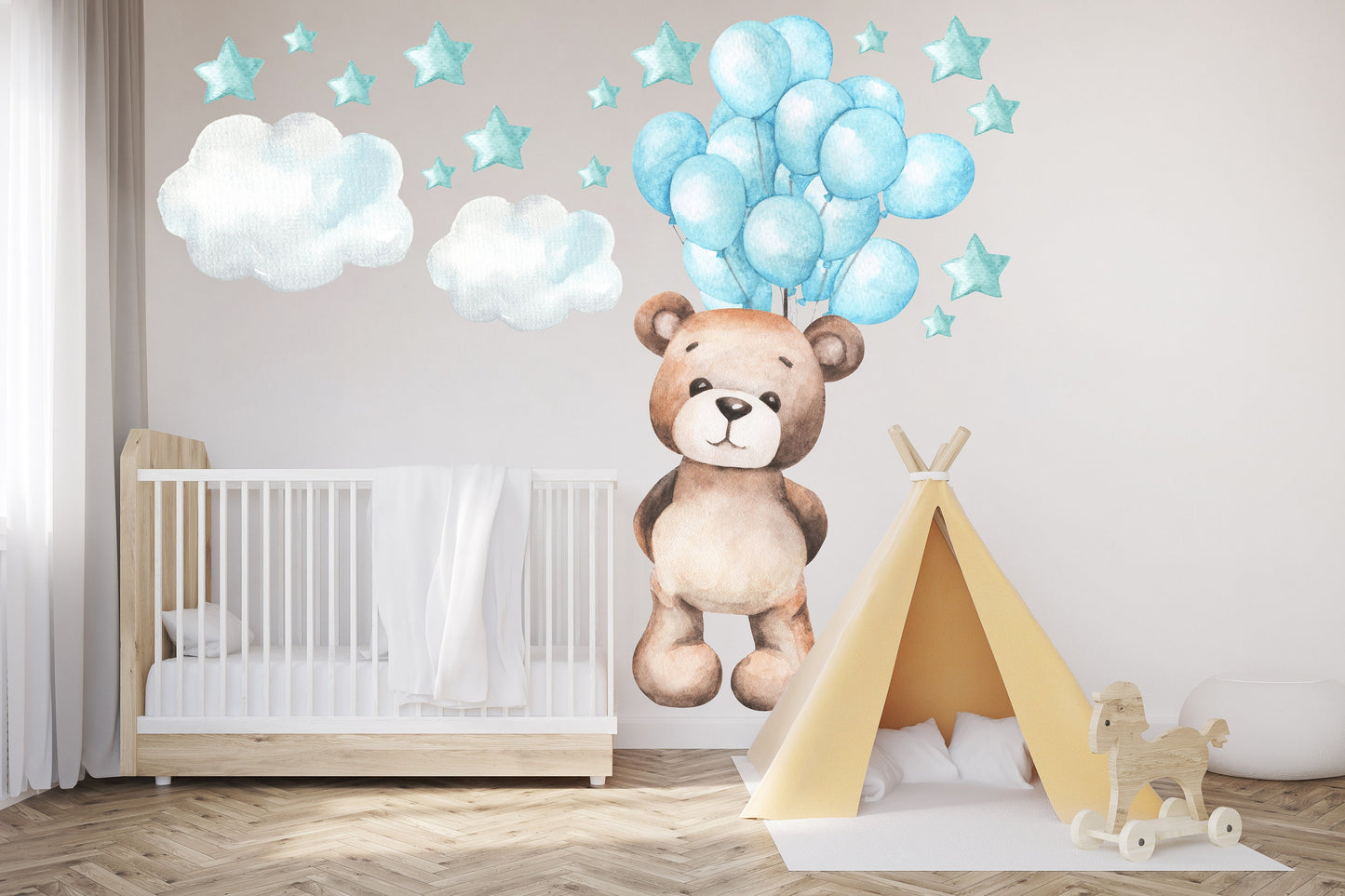 Teddy Bear Floating with Pink Balloons, Clouds and Stars, Reusable Nursery Wall Sticker Set