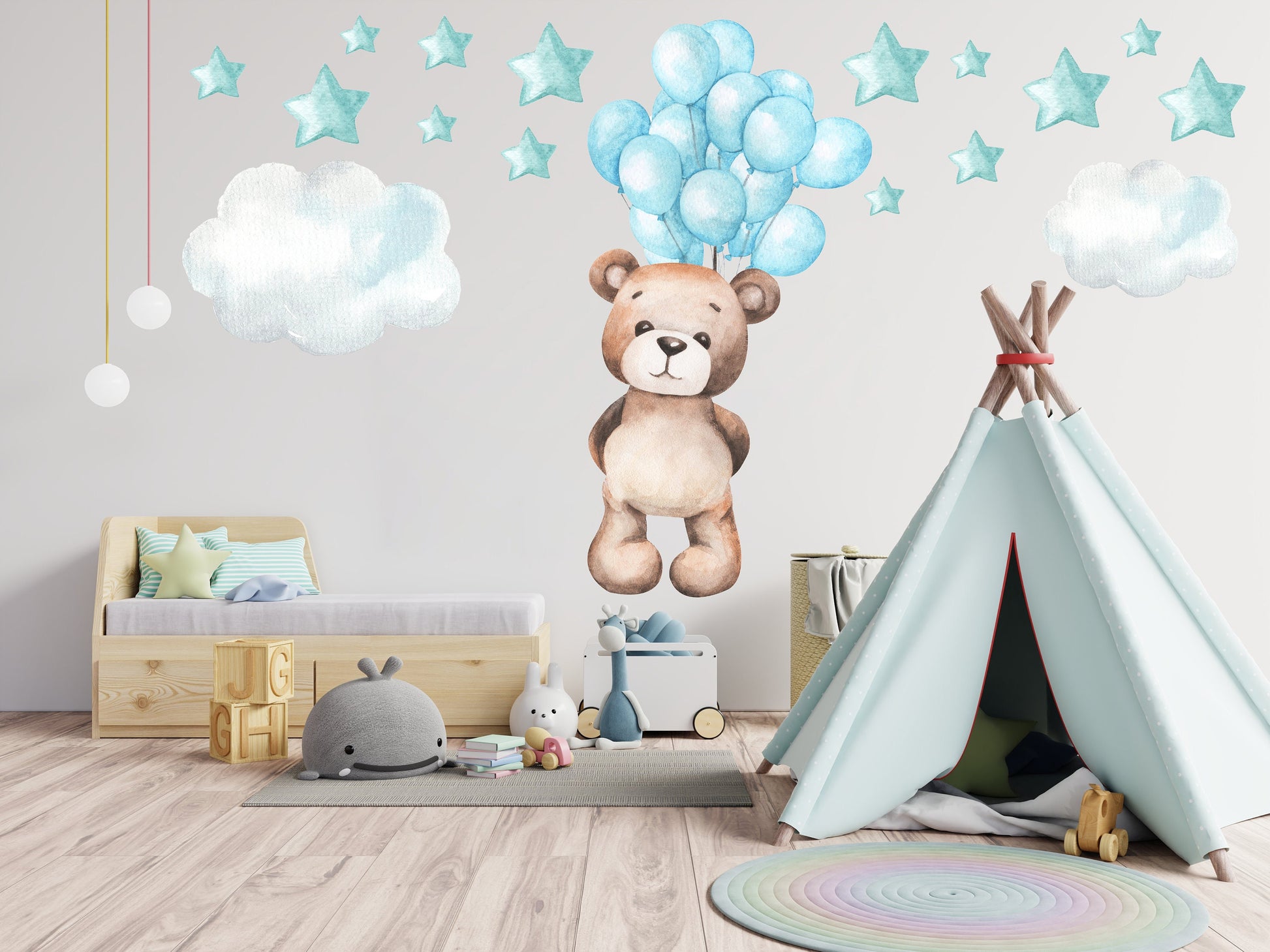 Teddy Bear Floating with Pink Balloons, Clouds and Stars, Reusable Nursery Wall Sticker Set