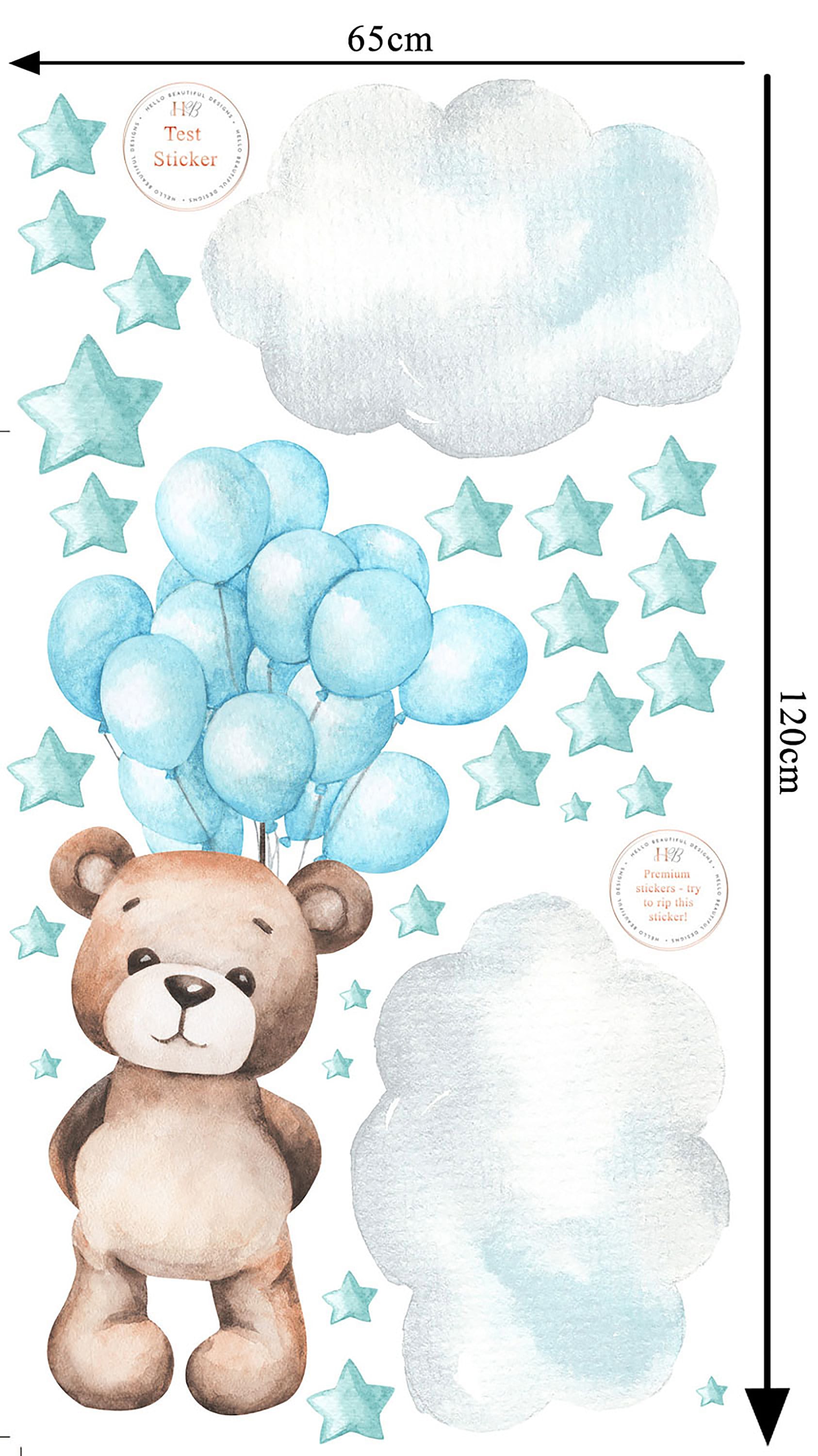 Teddy Bear Floating with Pink Balloons, Clouds and Stars, Reusable Nursery Wall Sticker Set