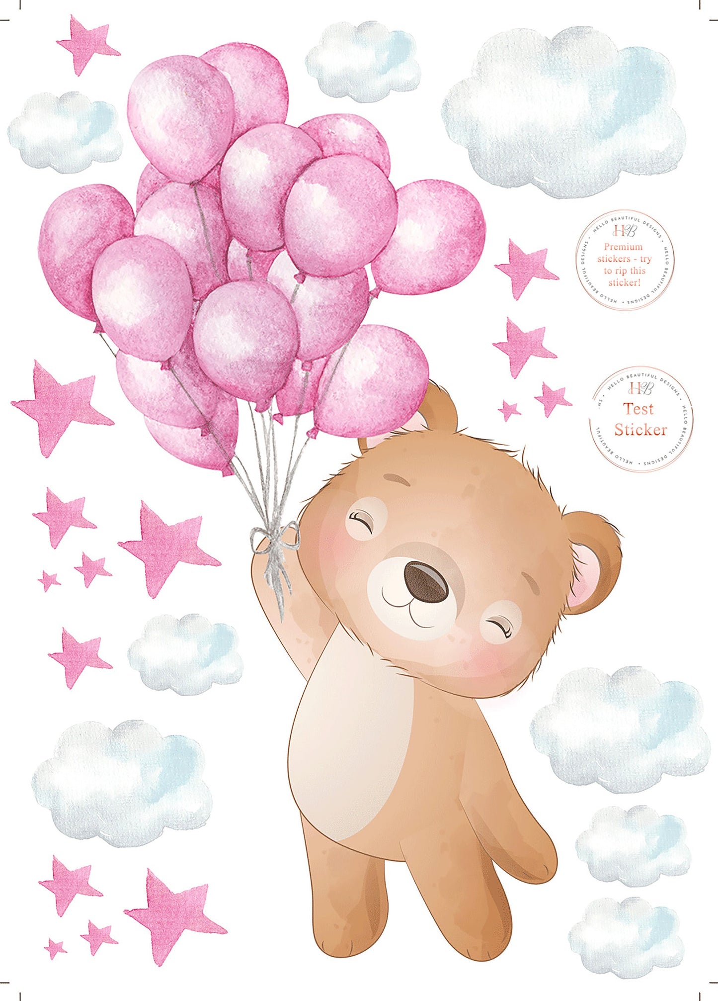 Beautiful Teddy with Floating Balloons and Clouds Nursery Wall Stickers