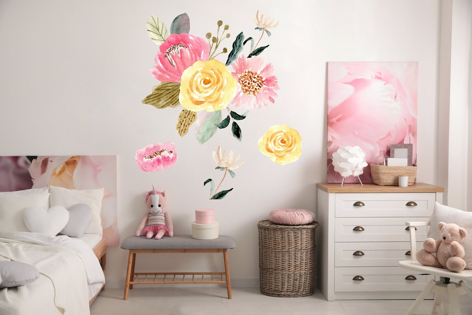 Large Pink and Yellow Floral Design Home and Nursery Wall Stickers