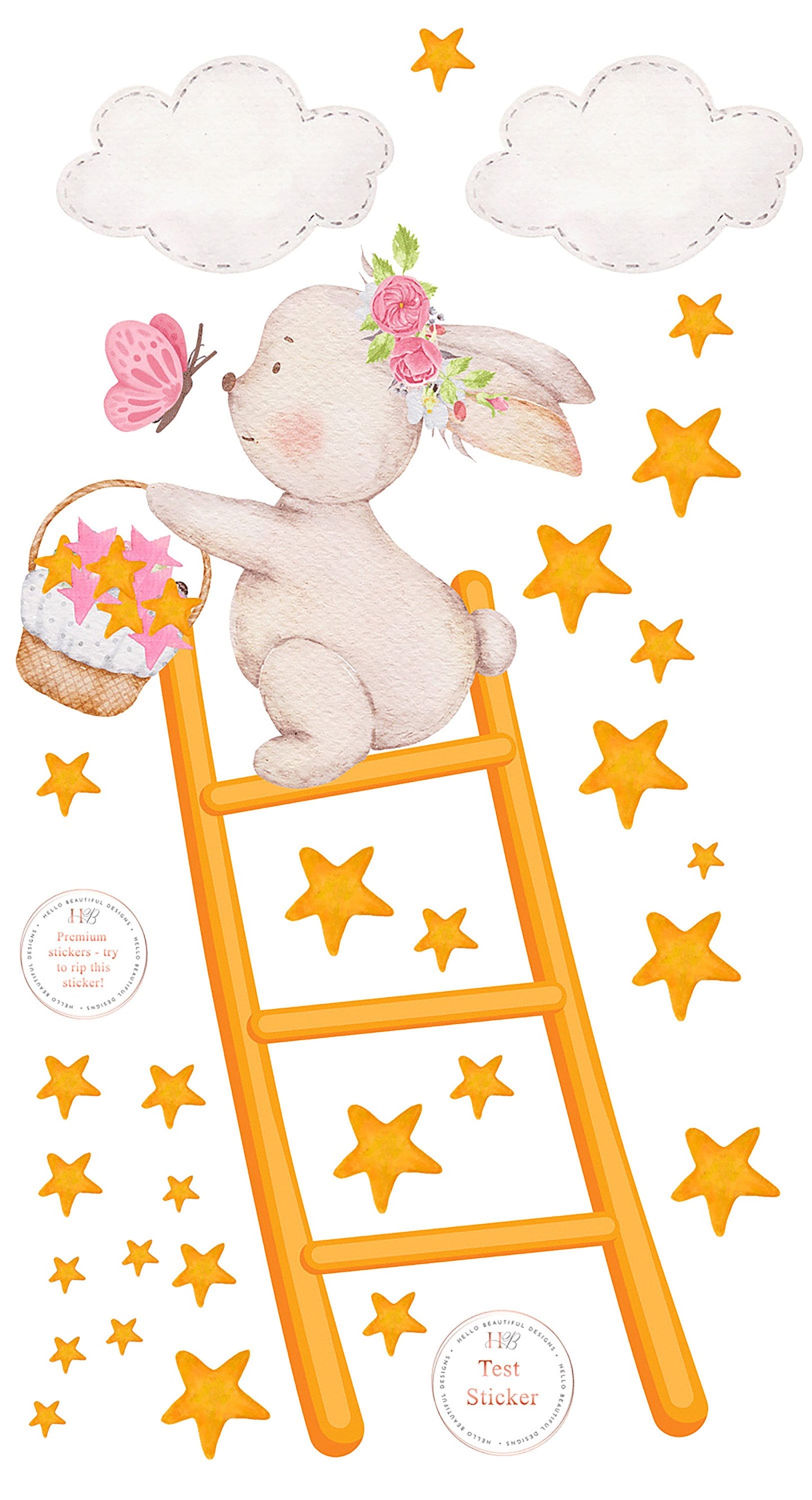 Bunny on Ladder Collecting Stars Wall Stickers, Nursery Wall Stickers, Stars Wall Decals, Bunny Wall Stickers, Kid's Pink Wall Decor, Clouds