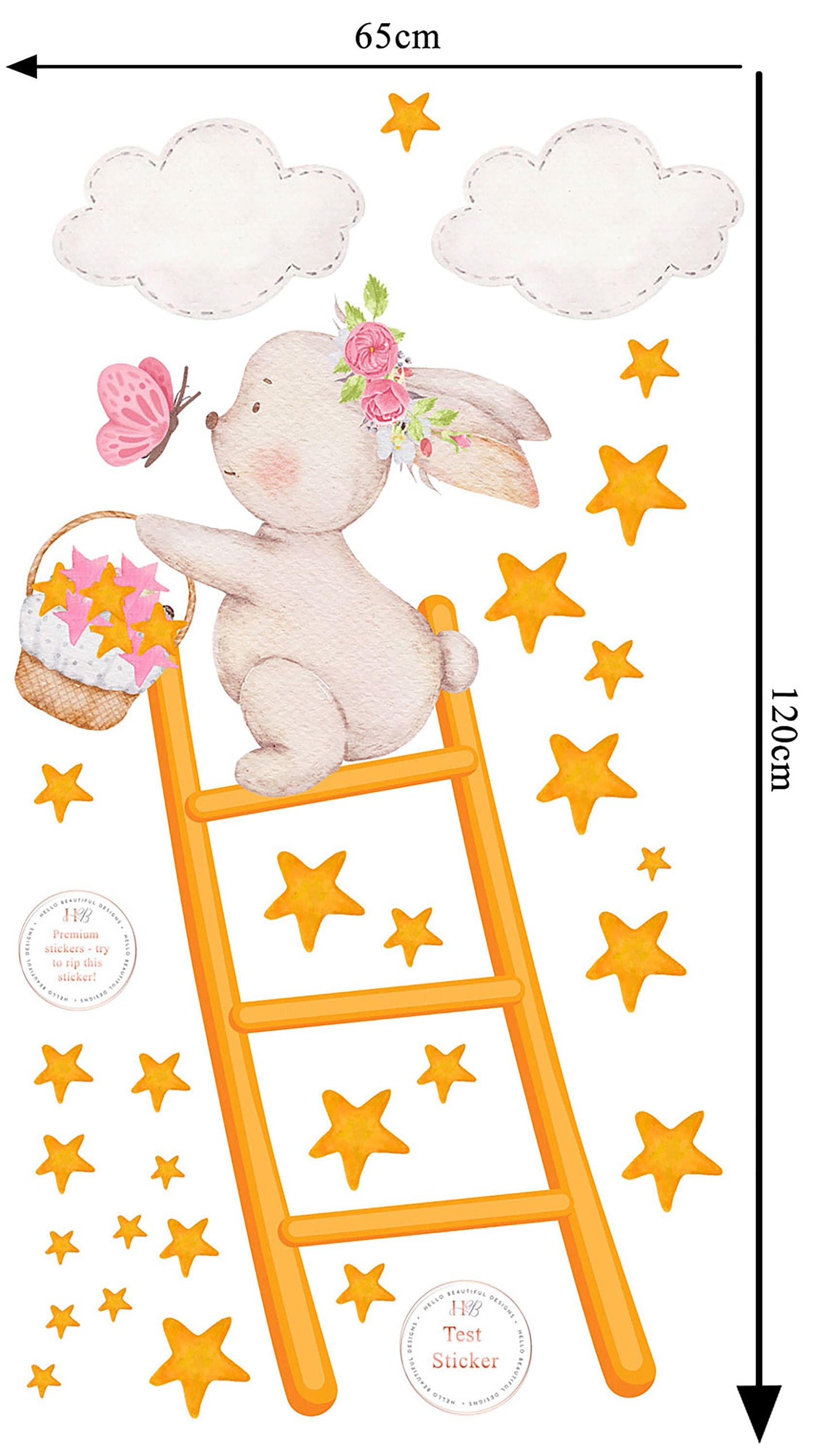 Bunny on Ladder Collecting Stars Wall Stickers, Nursery Wall Stickers, Stars Wall Decals, Bunny Wall Stickers, Kid's Pink Wall Decor, Clouds