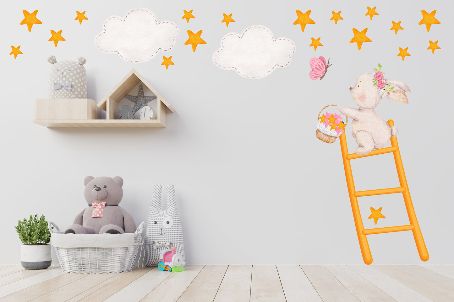 Bunny on Ladder Collecting Stars Wall Stickers, Nursery Wall Stickers, Stars Wall Decals, Bunny Wall Stickers, Kid's Pink Wall Decor, Clouds