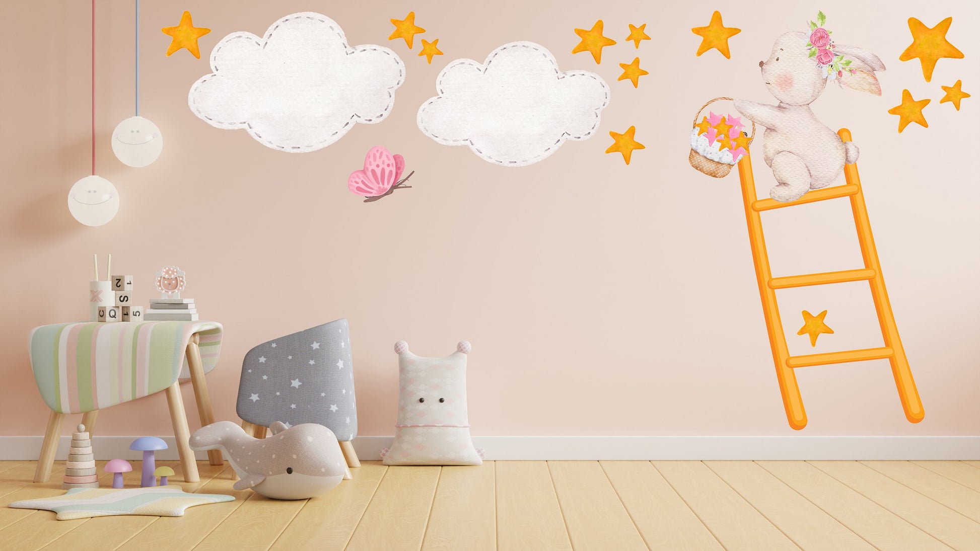 Bunny on Ladder Collecting Stars Wall Stickers, Nursery Wall Stickers, Stars Wall Decals, Bunny Wall Stickers, Kid's Pink Wall Decor, Clouds