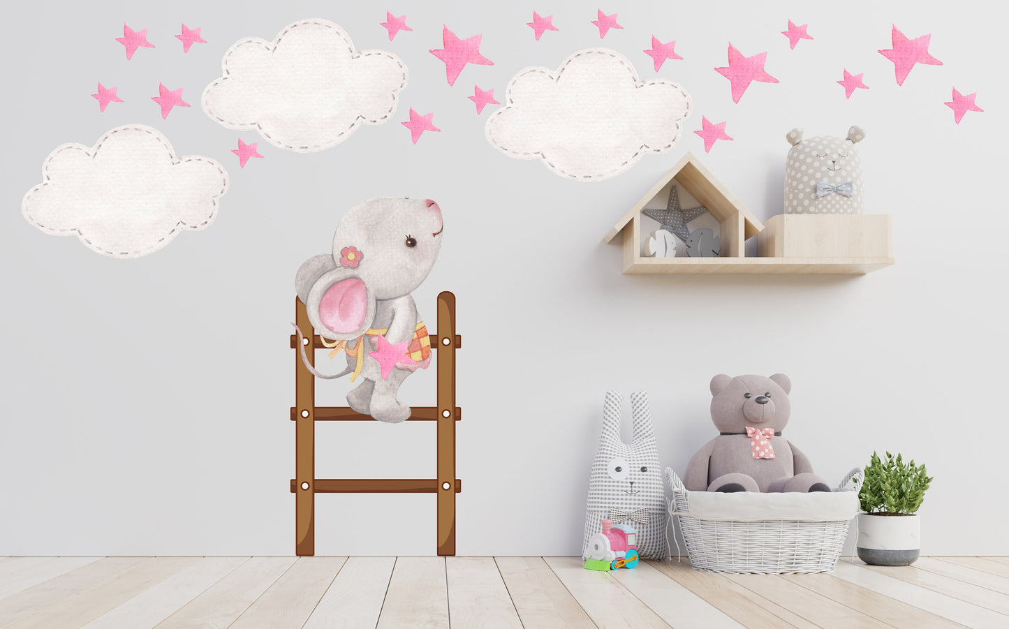 Cute Mouse Climbing Ladder with Pink Stars and Clouds, Reusable Nursery Wall Stickers