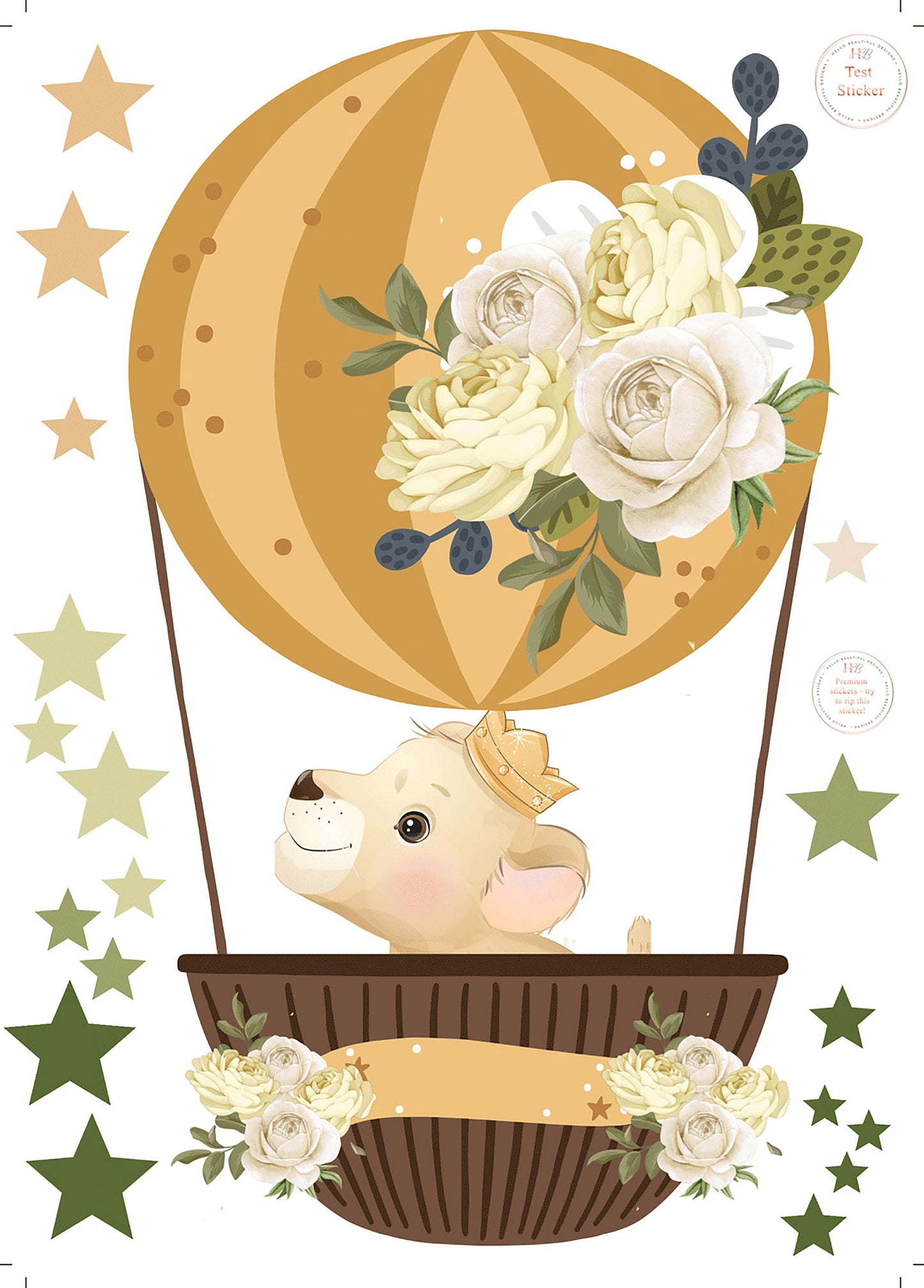 Cute Lion Cub in Hot Air Balloon With Flower and Individual Stars, Reusable Nursery Wall Stickers