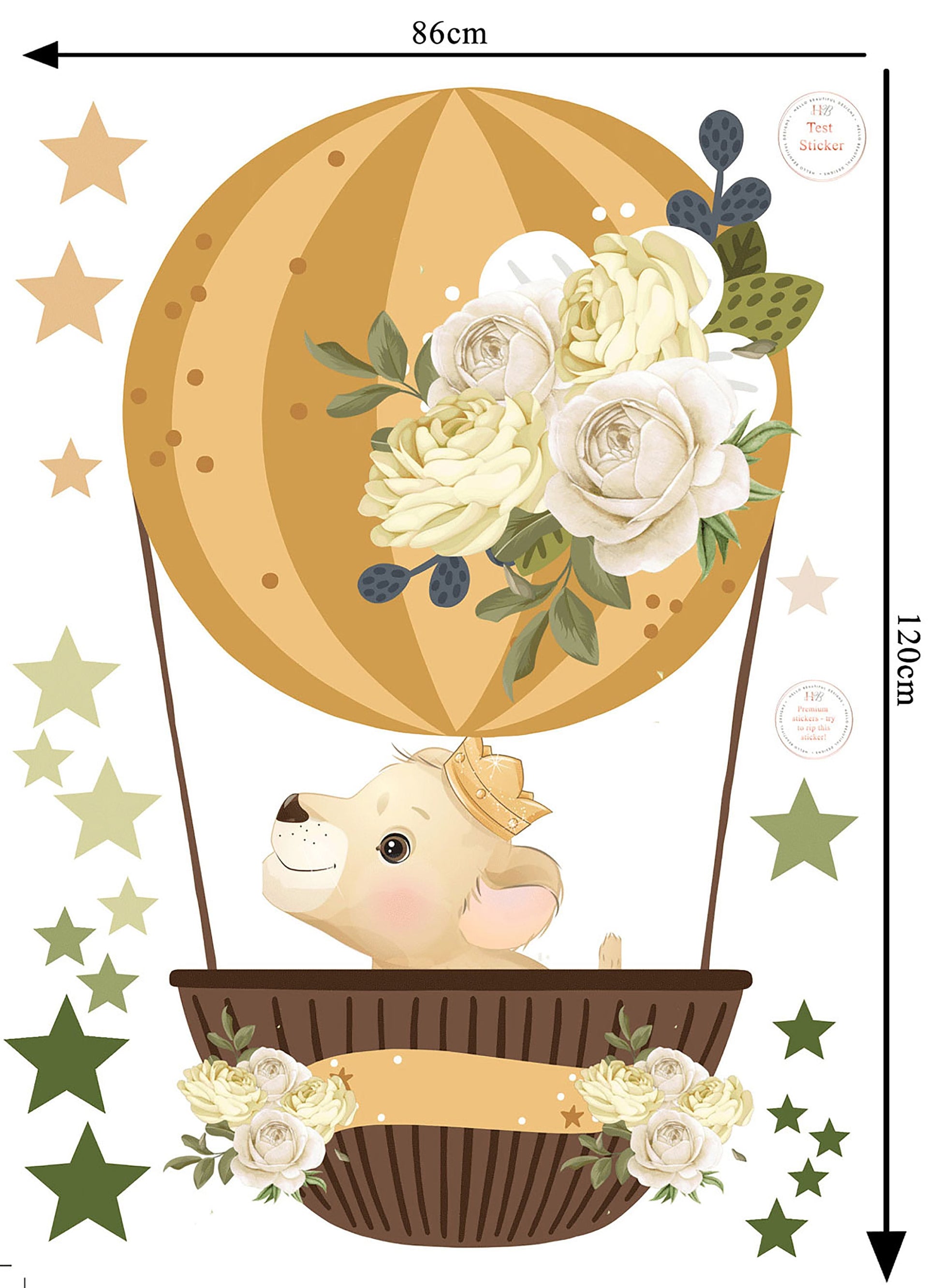 Cute Lion Cub in Hot Air Balloon With Flower and Individual Stars, Reusable Nursery Wall Stickers