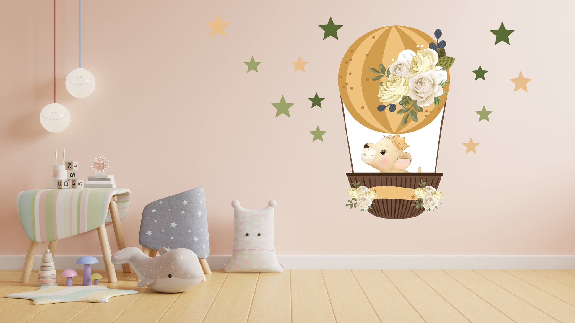 Cute Lion Cub in Hot Air Balloon With Flower and Individual Stars, Reusable Nursery Wall Stickers