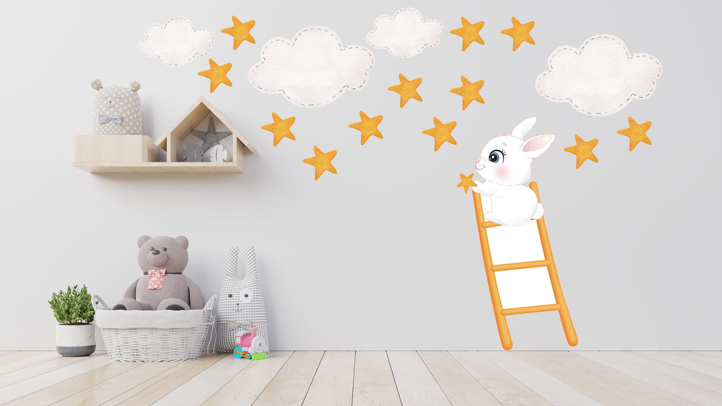 Extra Large Bunny on Ladder and Stars, Kid's Bedroom Reusable Nursery Wall Stickers