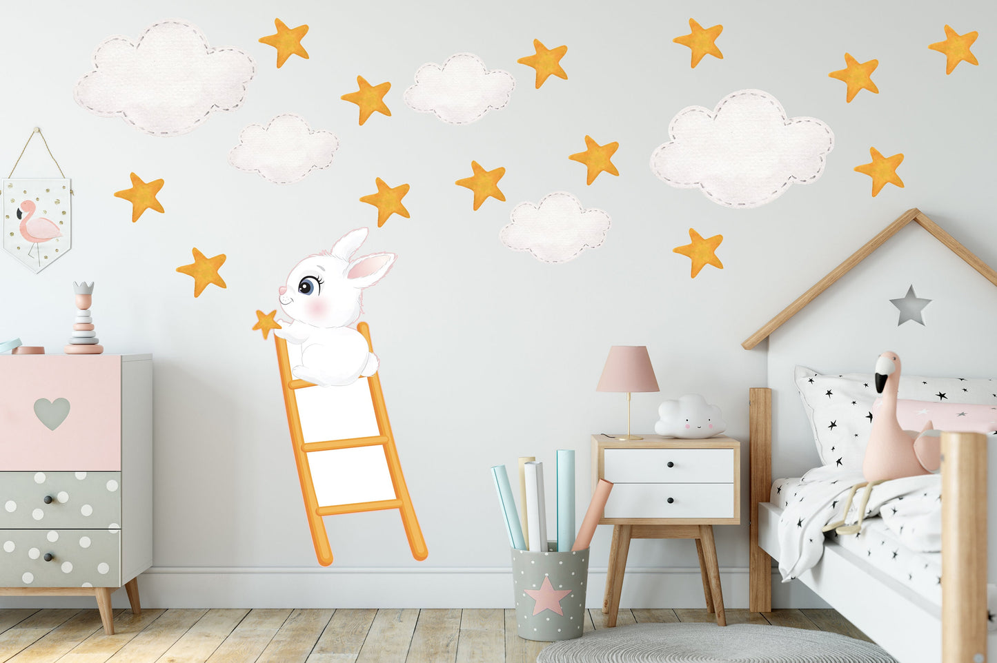 Extra Large Bunny on Ladder and Stars, Kid's Bedroom Reusable Nursery Wall Stickers