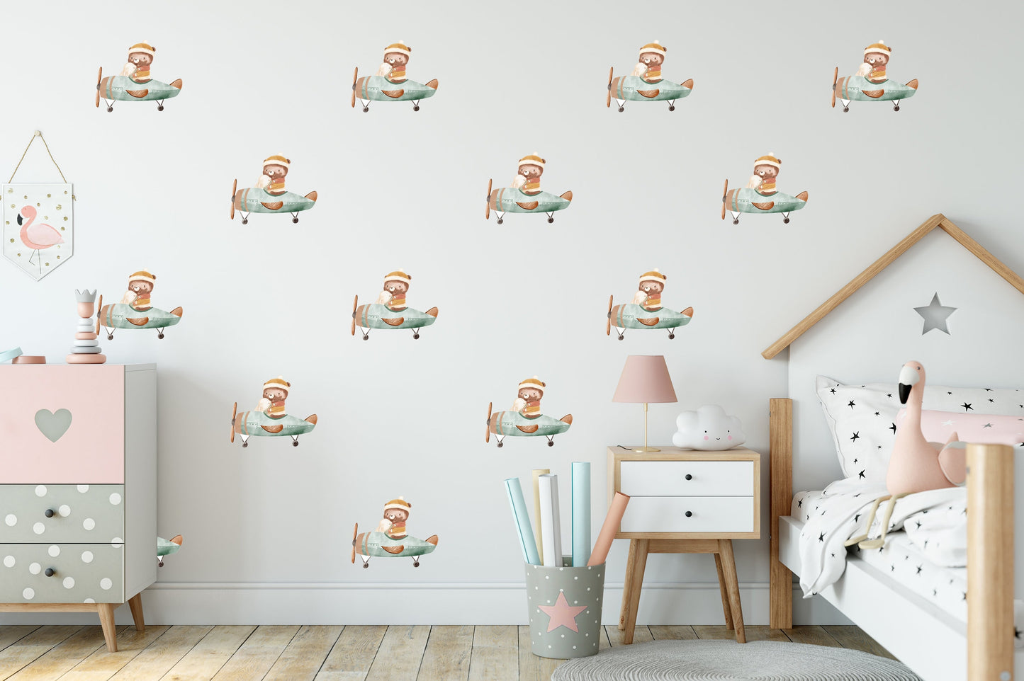 Airplane Wall Sticker Cute Bear Sticker Nursery Wall Sticker Flying Plane Sticker Nursery Decor Playroom Wall Sticker Nursery Wall Decal