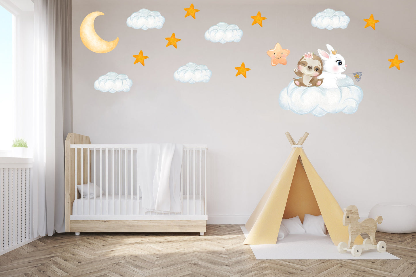 Animal Friends on Cloud Wall Stickers, Nursery Wall Stickers, Moon and Stars Wall Decals, Playroom Wall Decals, Kid's Bedroom Wall Decor