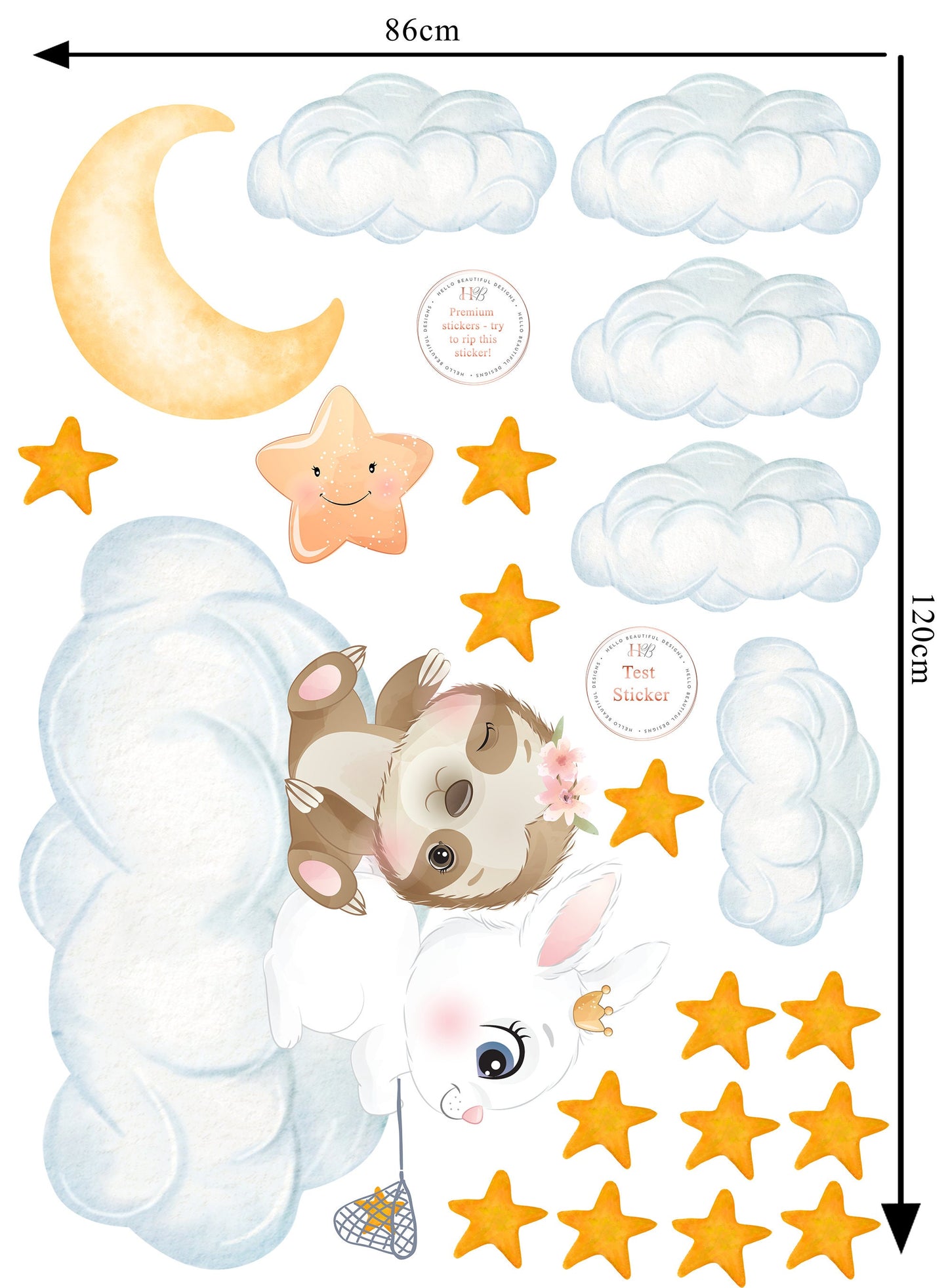 Animal Friends on Cloud Wall Stickers, Nursery Wall Stickers, Moon and Stars Wall Decals, Playroom Wall Decals, Kid's Bedroom Wall Decor