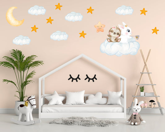 Animal Friends on Cloud Wall Stickers, Nursery Wall Stickers, Moon and Stars Wall Decals, Playroom Wall Decals, Kid's Bedroom Wall Decor