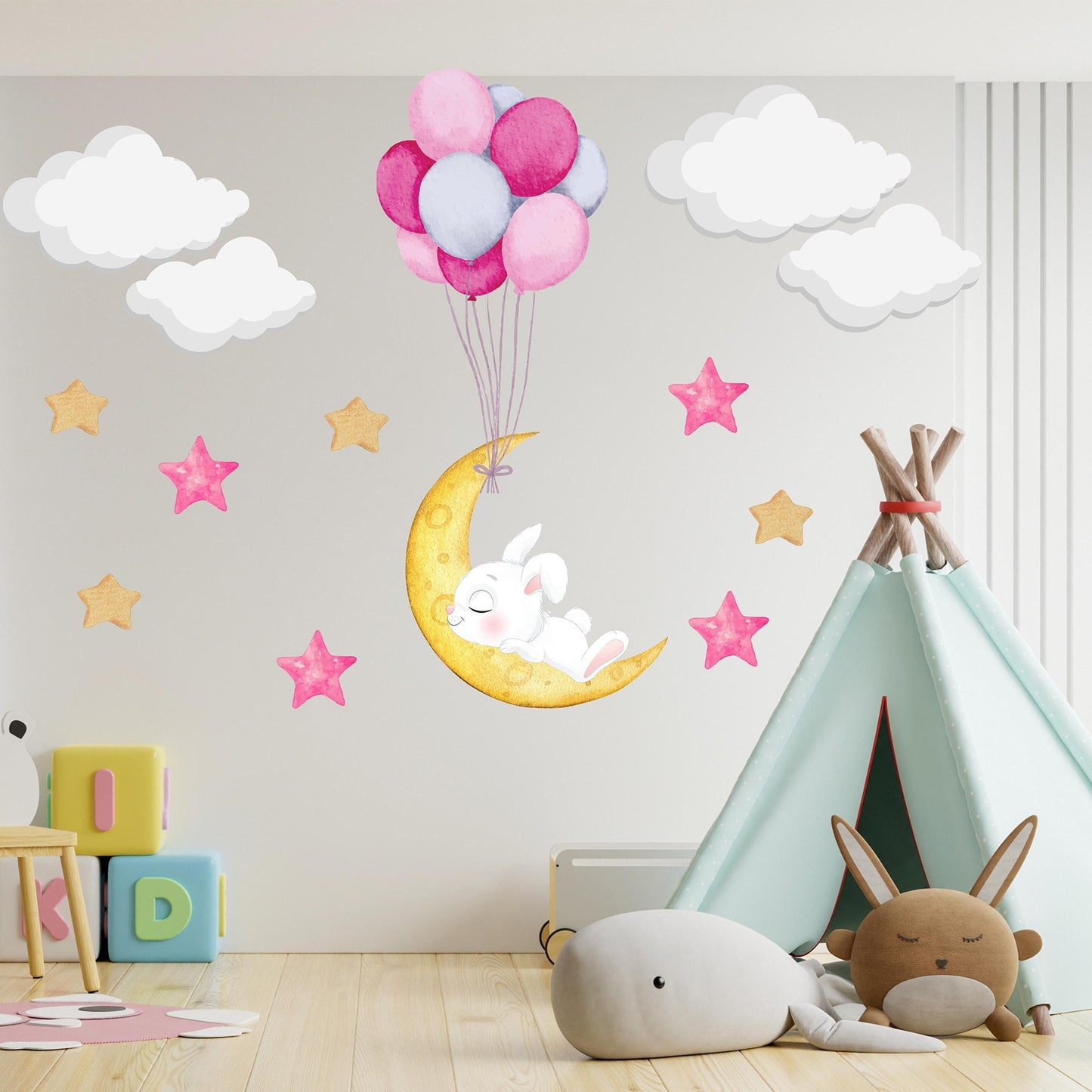 Sleeping Bunny Moon Wall Sticker Nursery Wall Stickers Night Sky Sticker Moon Stars Wall Decal Nursery Wall Decal Cute Bunny Wall Sticker