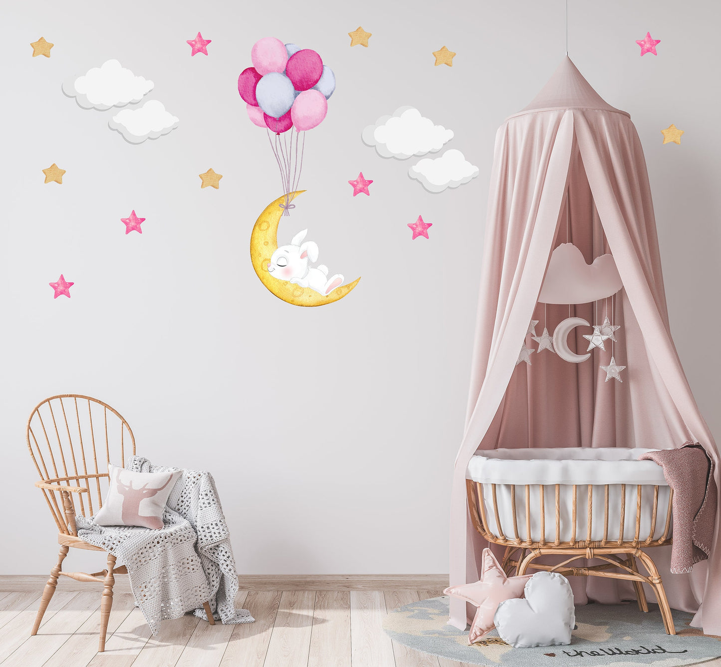 Sleeping Bunny Moon Wall Sticker Nursery Wall Stickers Night Sky Sticker Moon Stars Wall Decal Nursery Wall Decal Cute Bunny Wall Sticker