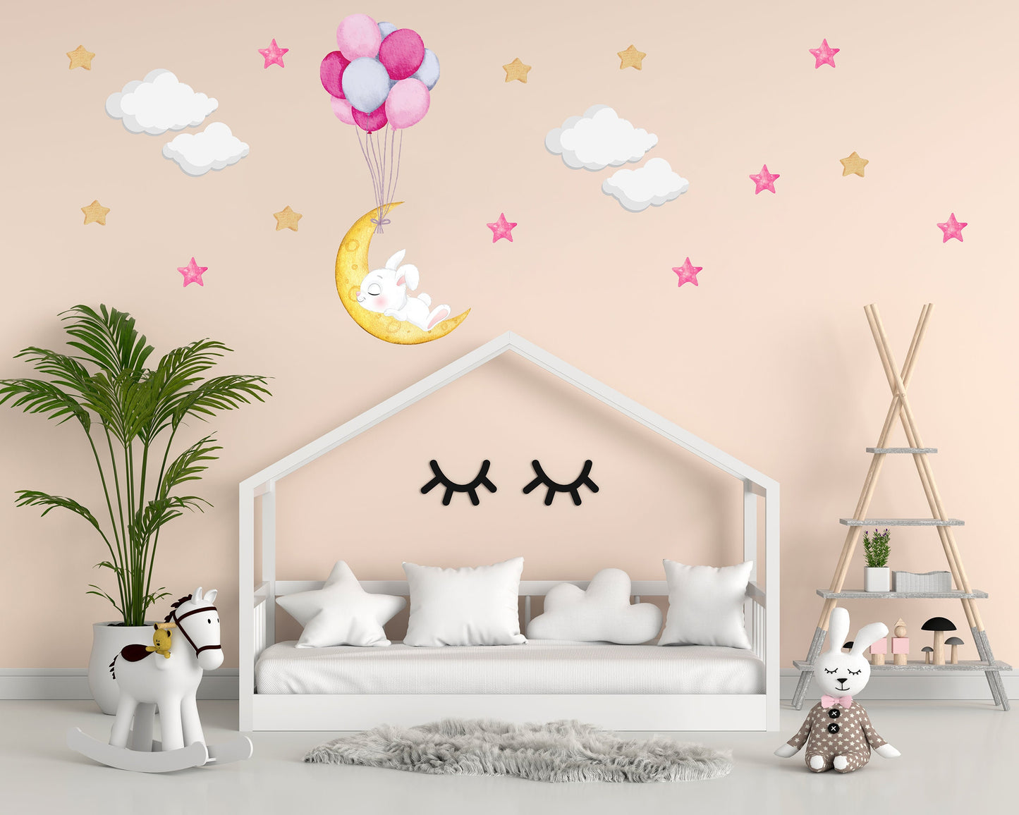 Sleeping Bunny Moon Wall Sticker Nursery Wall Stickers Night Sky Sticker Moon Stars Wall Decal Nursery Wall Decal Cute Bunny Wall Sticker