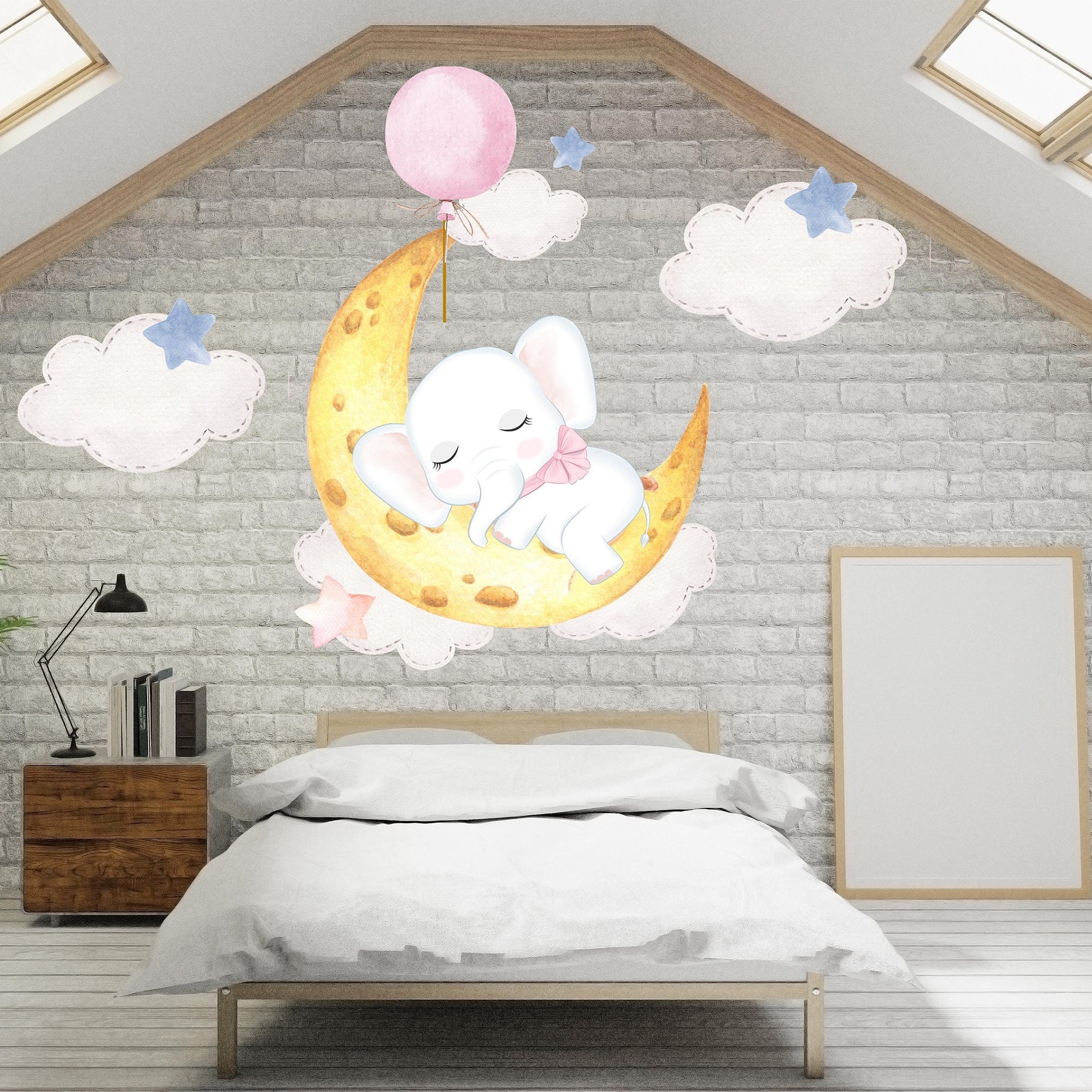 Sleeping Elephant Wall Sticker Cloud Sticker Pink Balloon Nursery Wall Decal Star Moon Decal